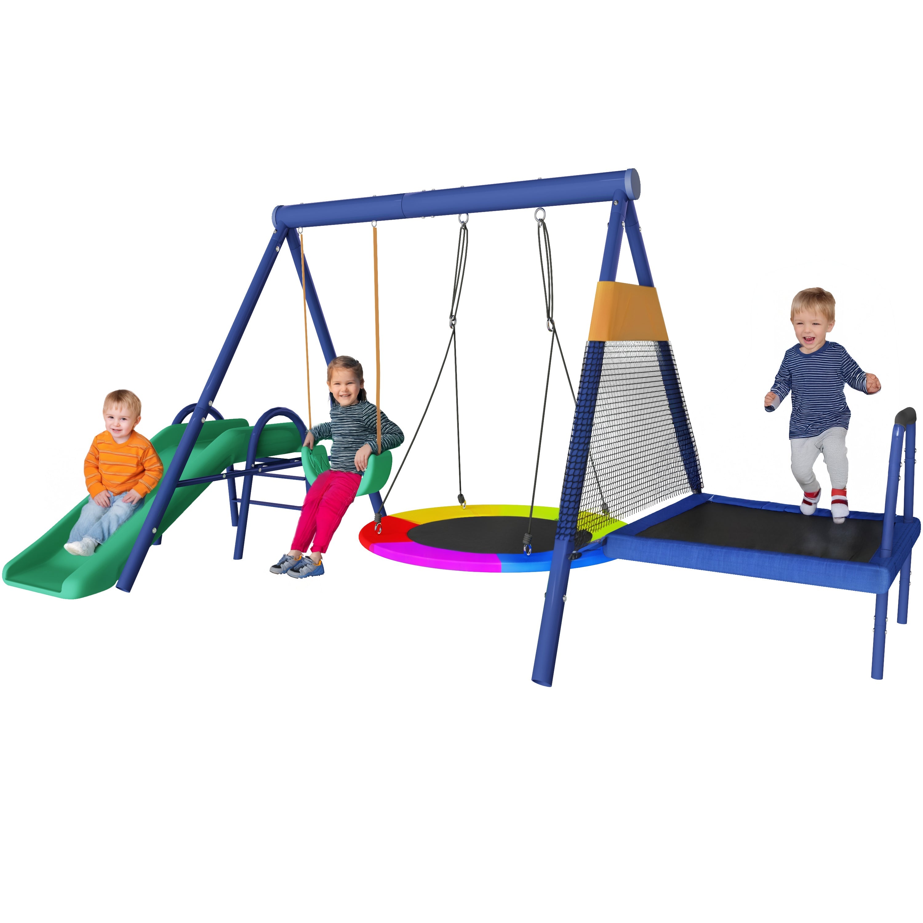 Multifunctional outdoor swing set with slide, trampoline, round nest swing, and plastic swing, safe and durable