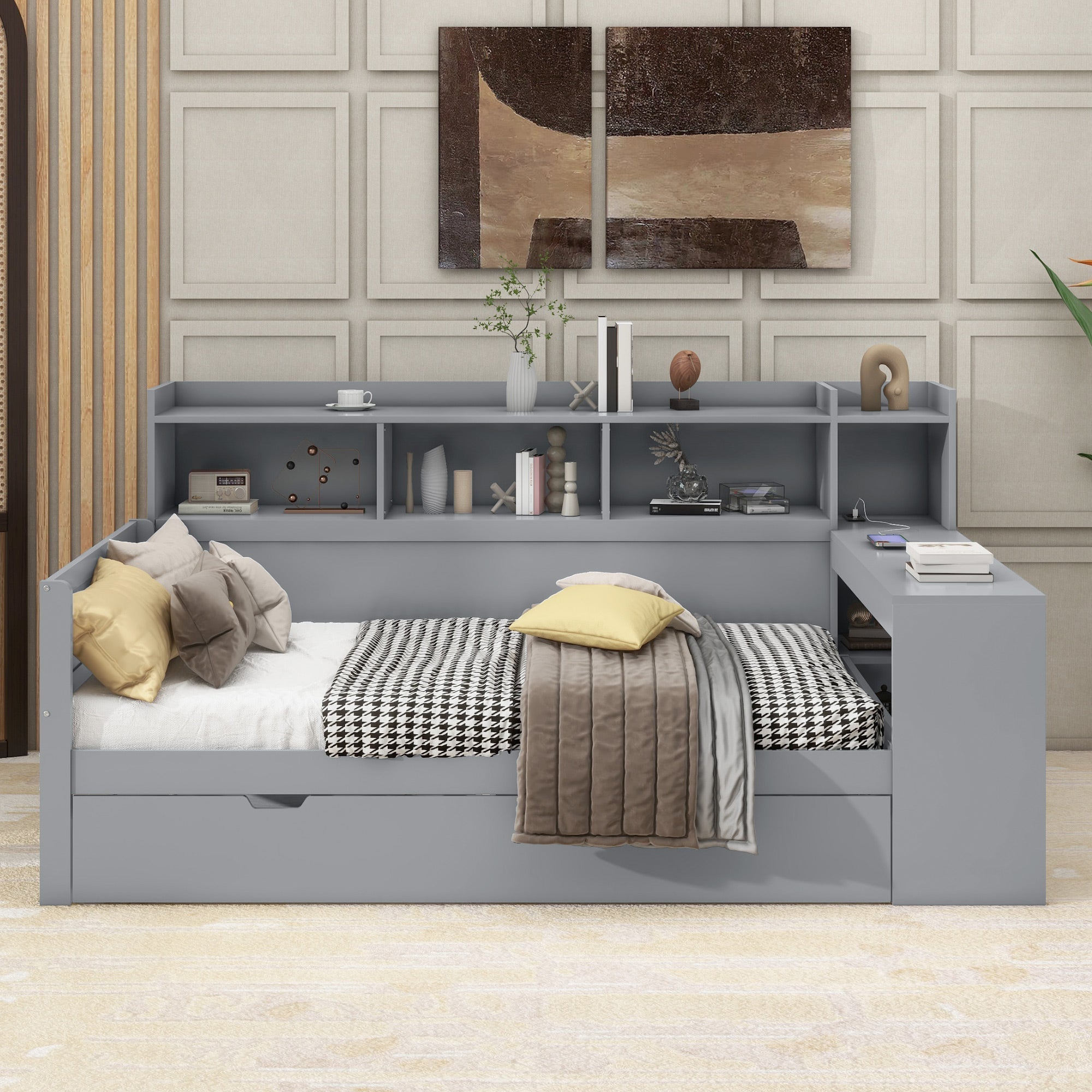 Sofa Bed Daybed, 90x200cm, USB, 2 Drawers, Desk, Grey Chipboard
