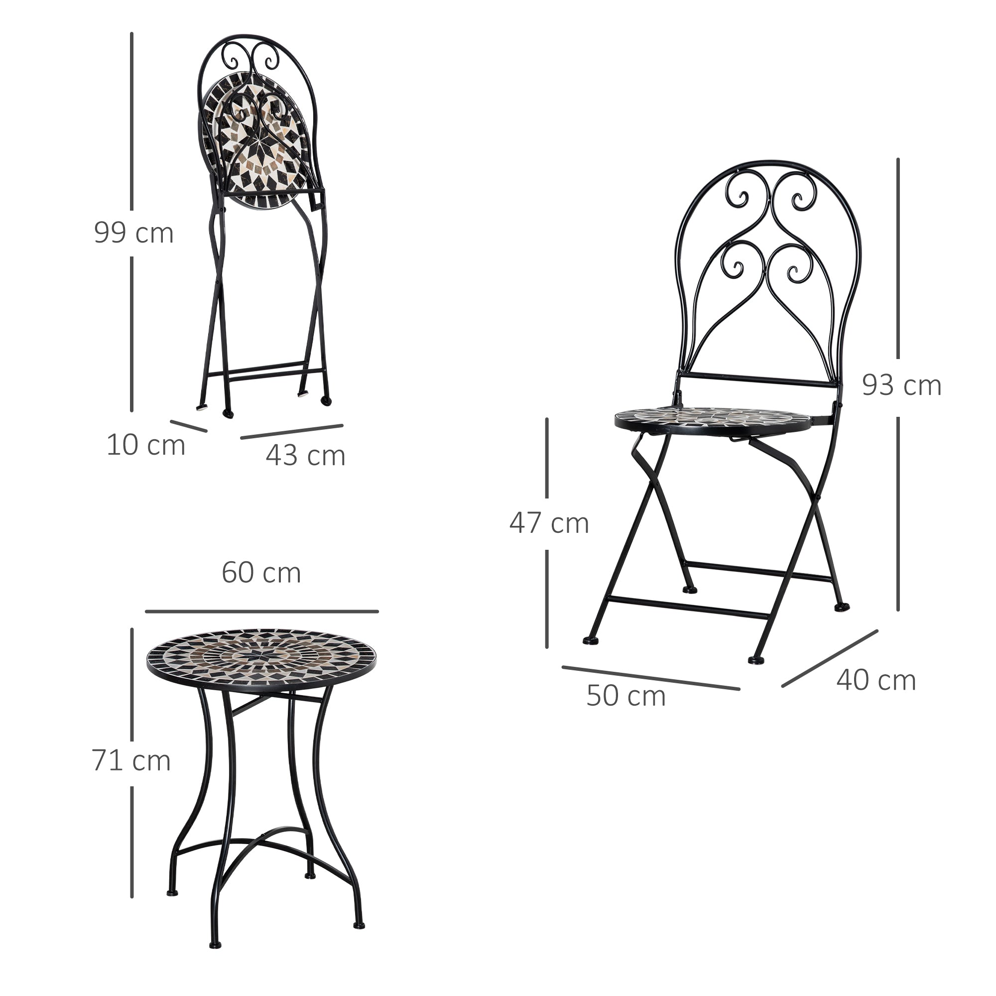 3 Piece Garden Bistro Set, Mosaic Tile Top, 2 Folding Chairs, Metal Frame, Black