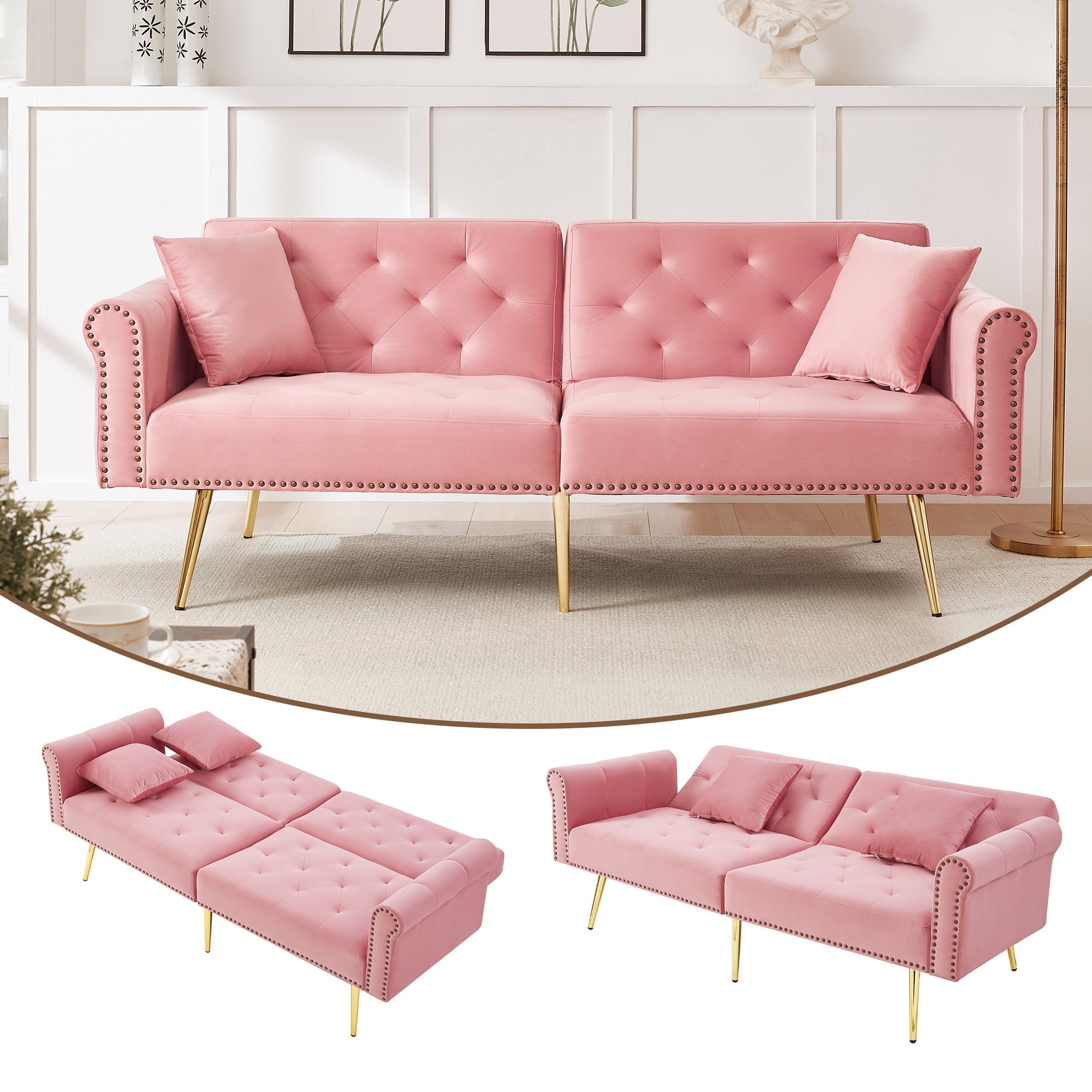 Sofa Bed, 2-Seater with 3-Level Adjustable Backrest & Gold-Plated Metal Feet, Velvet