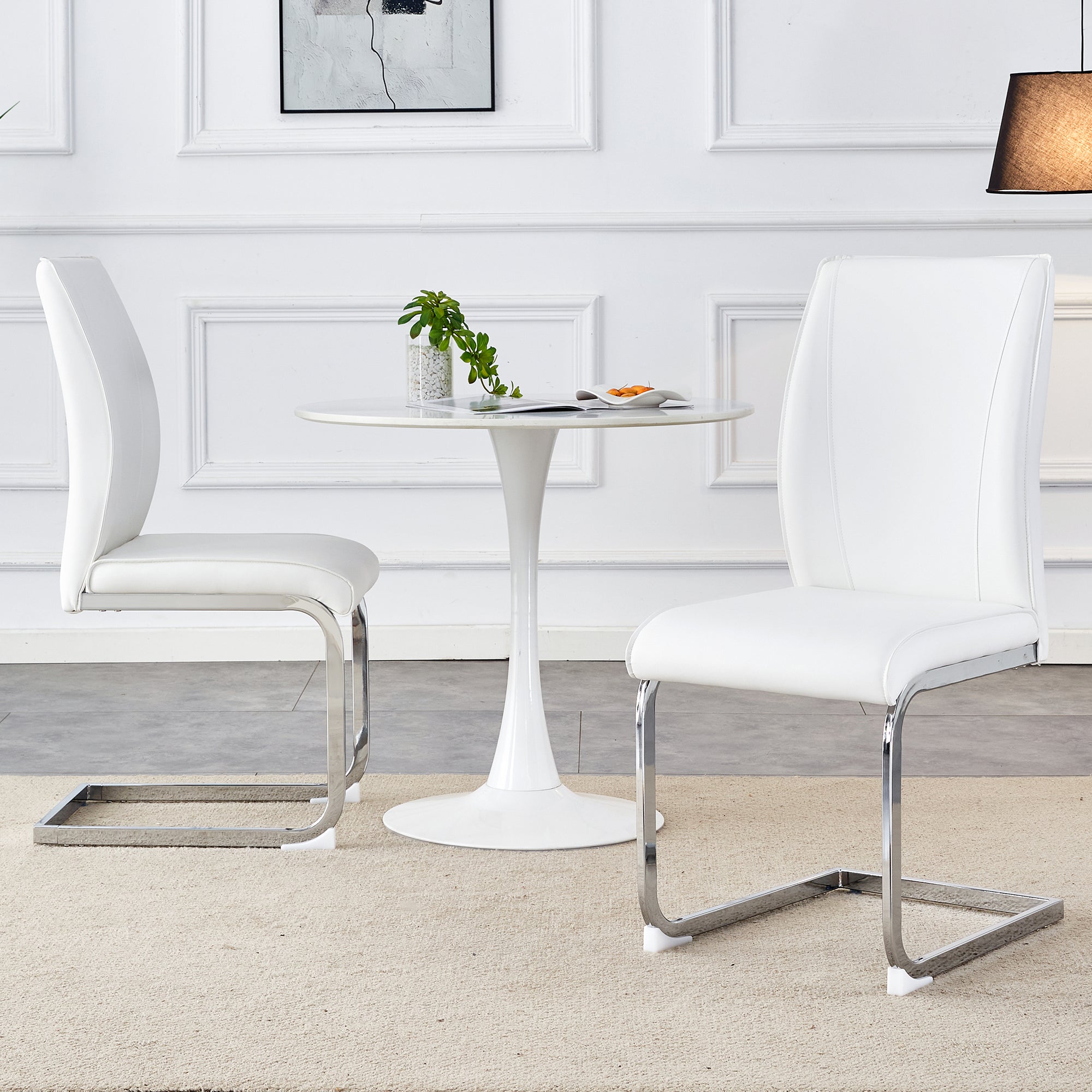 Chairs Set of 2 Elegant Modern PU Comfort Cushion Silver Metal Legs - White
