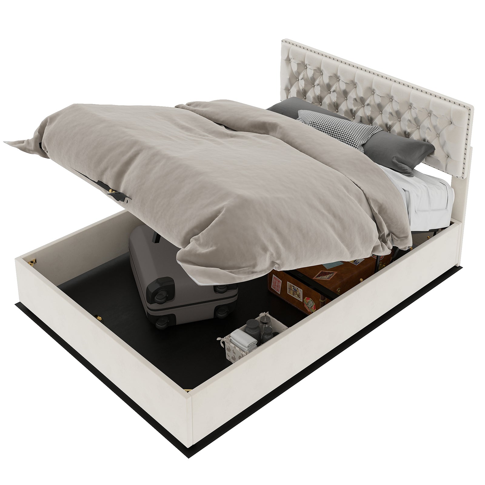 Modern Minimalist Soft Bed with Hydraulic Storage and 160x200cm Frame, Beige Dutch Velvet