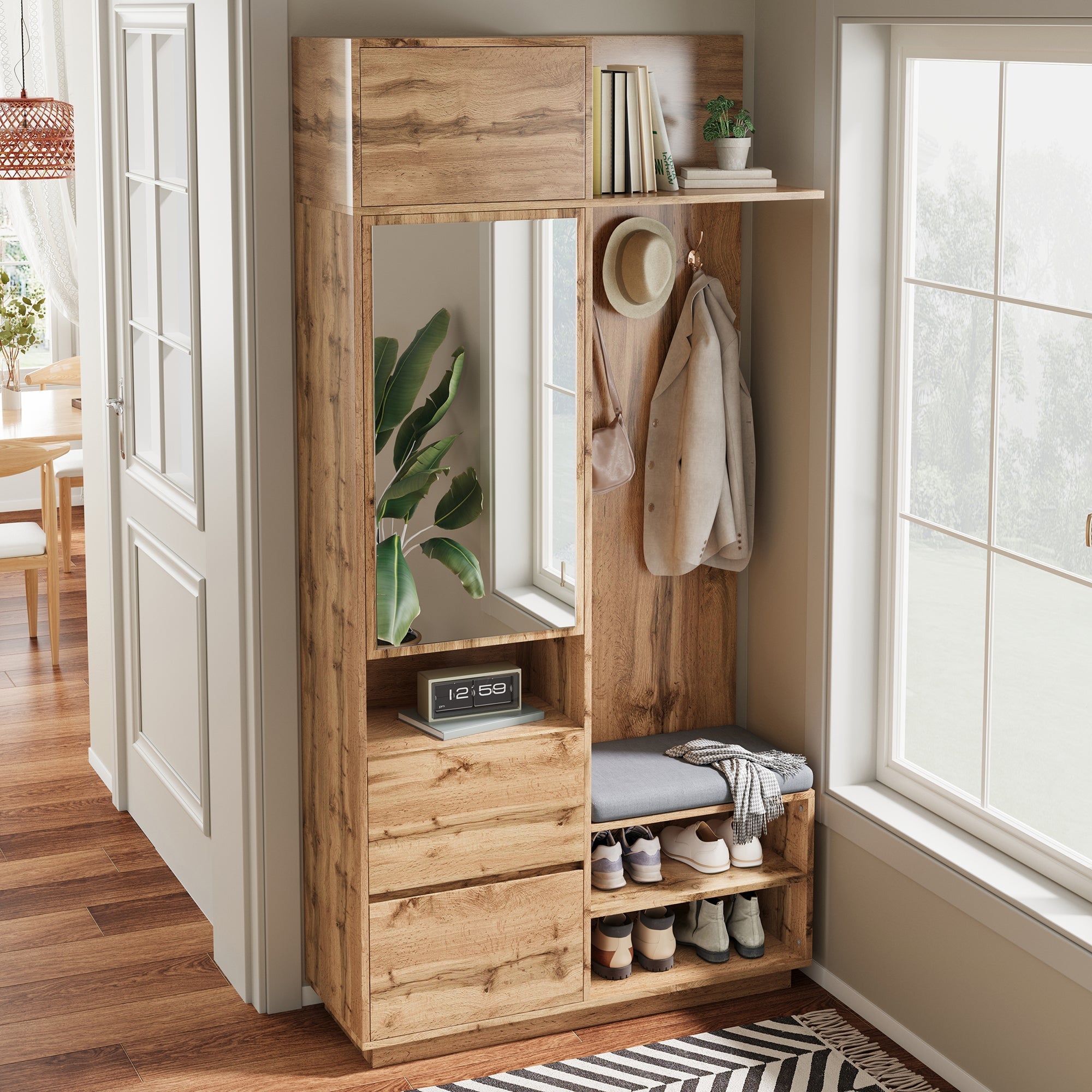 Compact Wardrobe with Mirror, Bench, Shoe Cabinet & Hooks, Natural MDF
