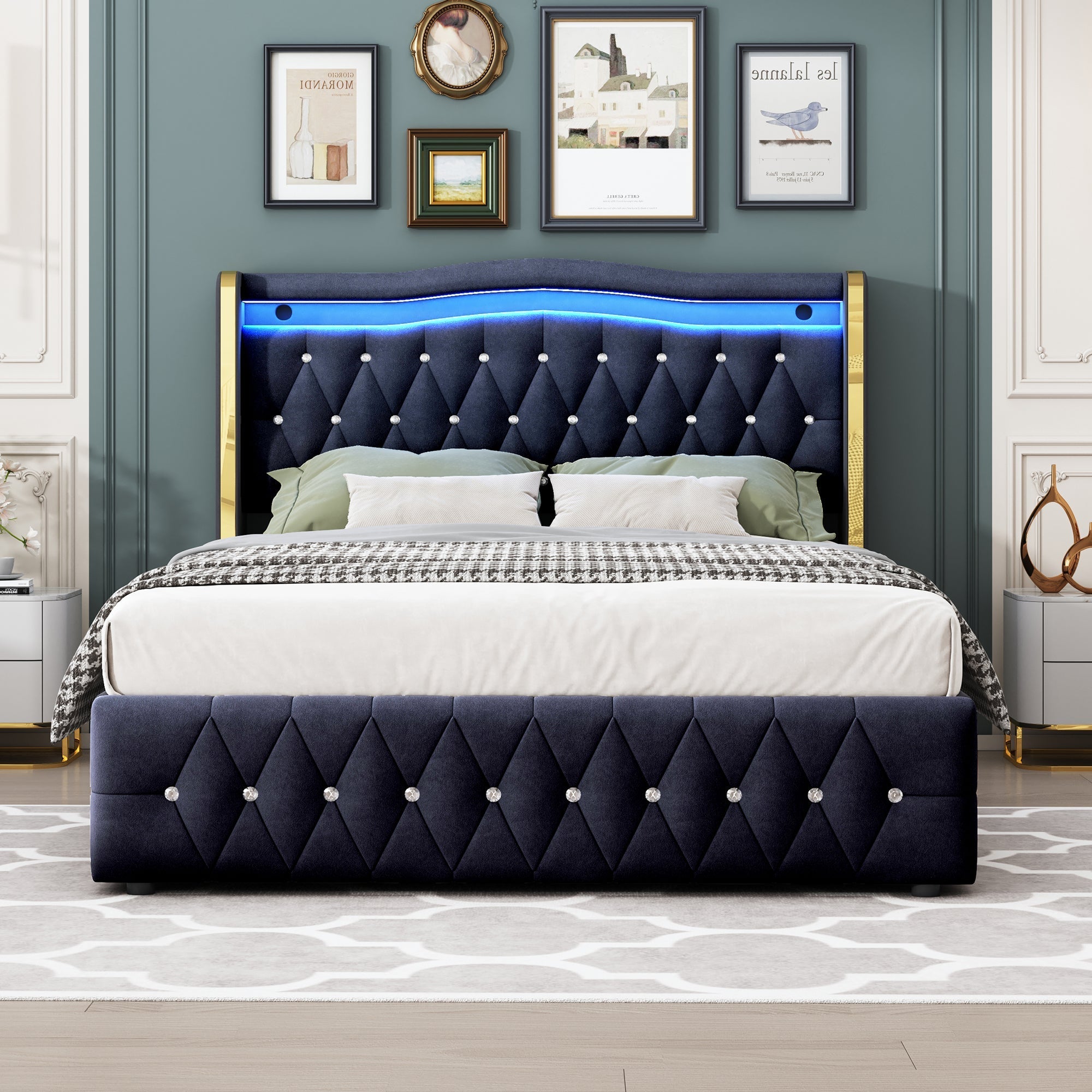 Upholstered Bed, 140x200cm LED Hydraulic Storage, Velvet Black