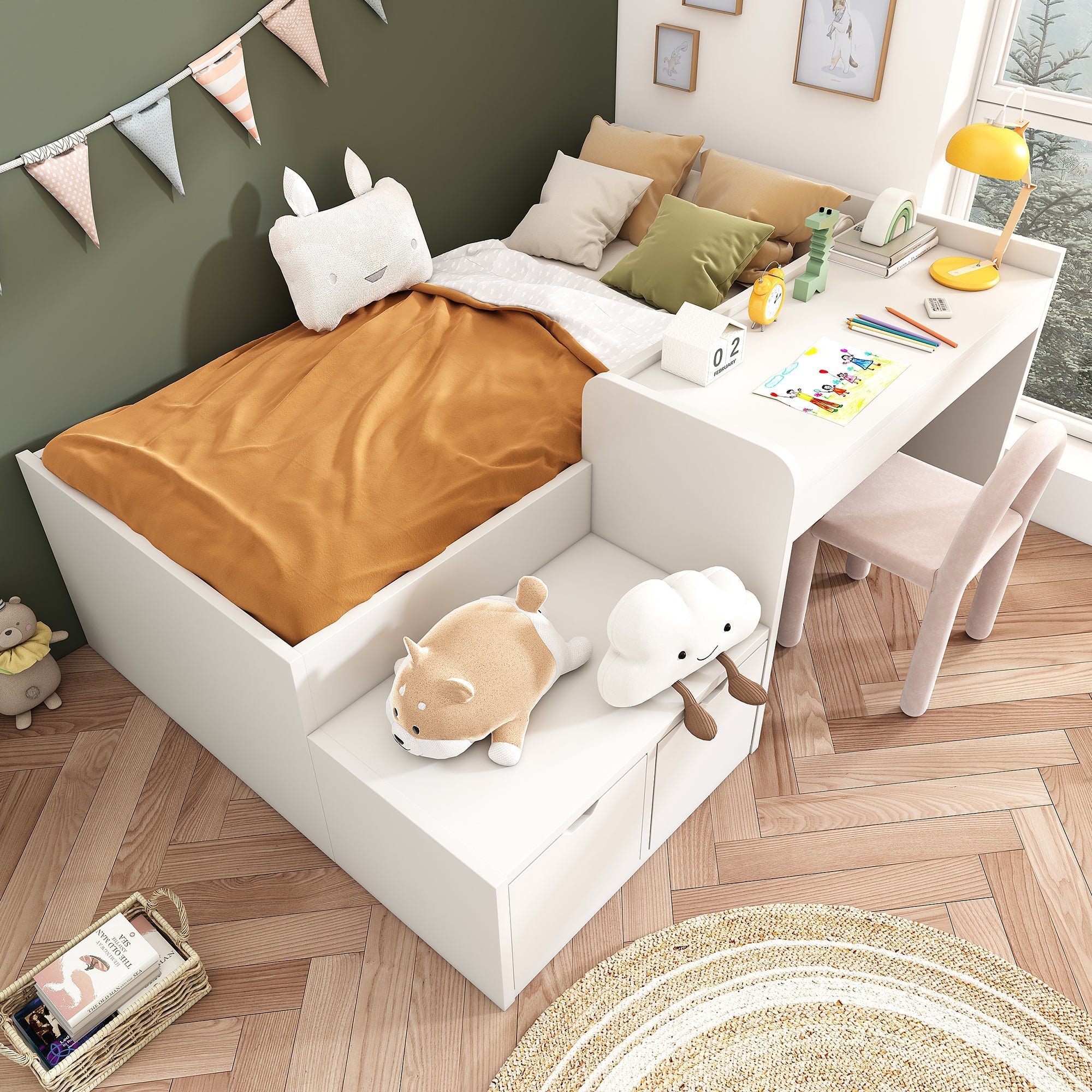 Children's Bed, Solid Wood Single with Desk & Drawers, White