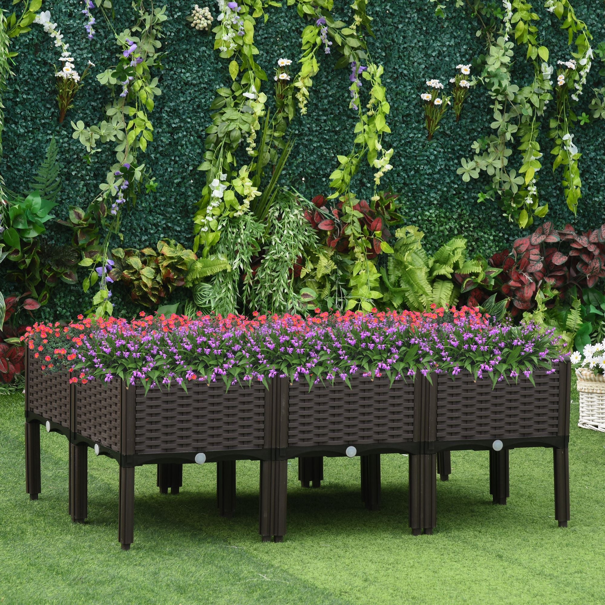 Raised Bed Planter 6-Piece Rattan Look with Drainage Holes Brown