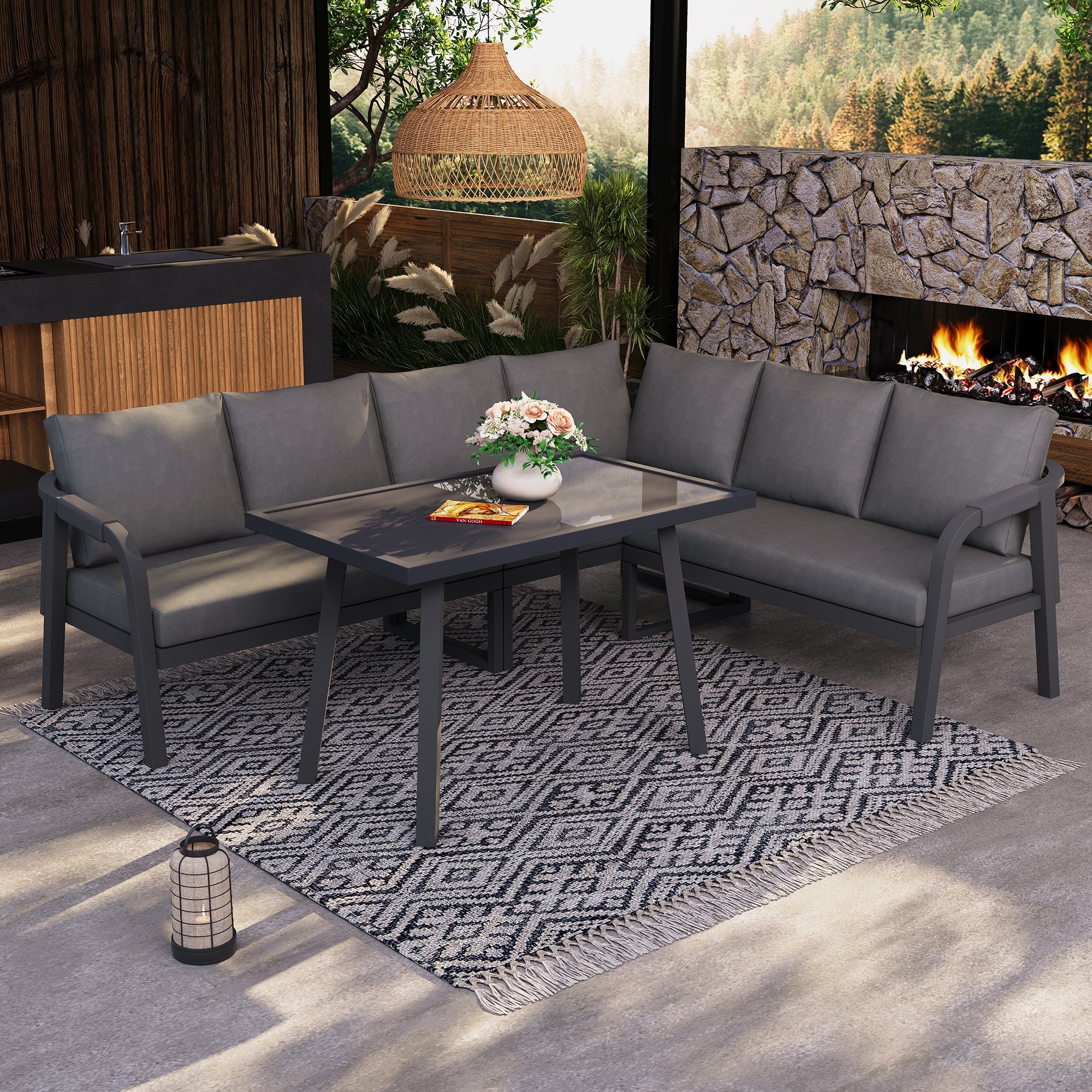Garden Dining Set, Seats 6 with Corner Sofa and Dining Table, Grey Wicker and Galvanized Steel