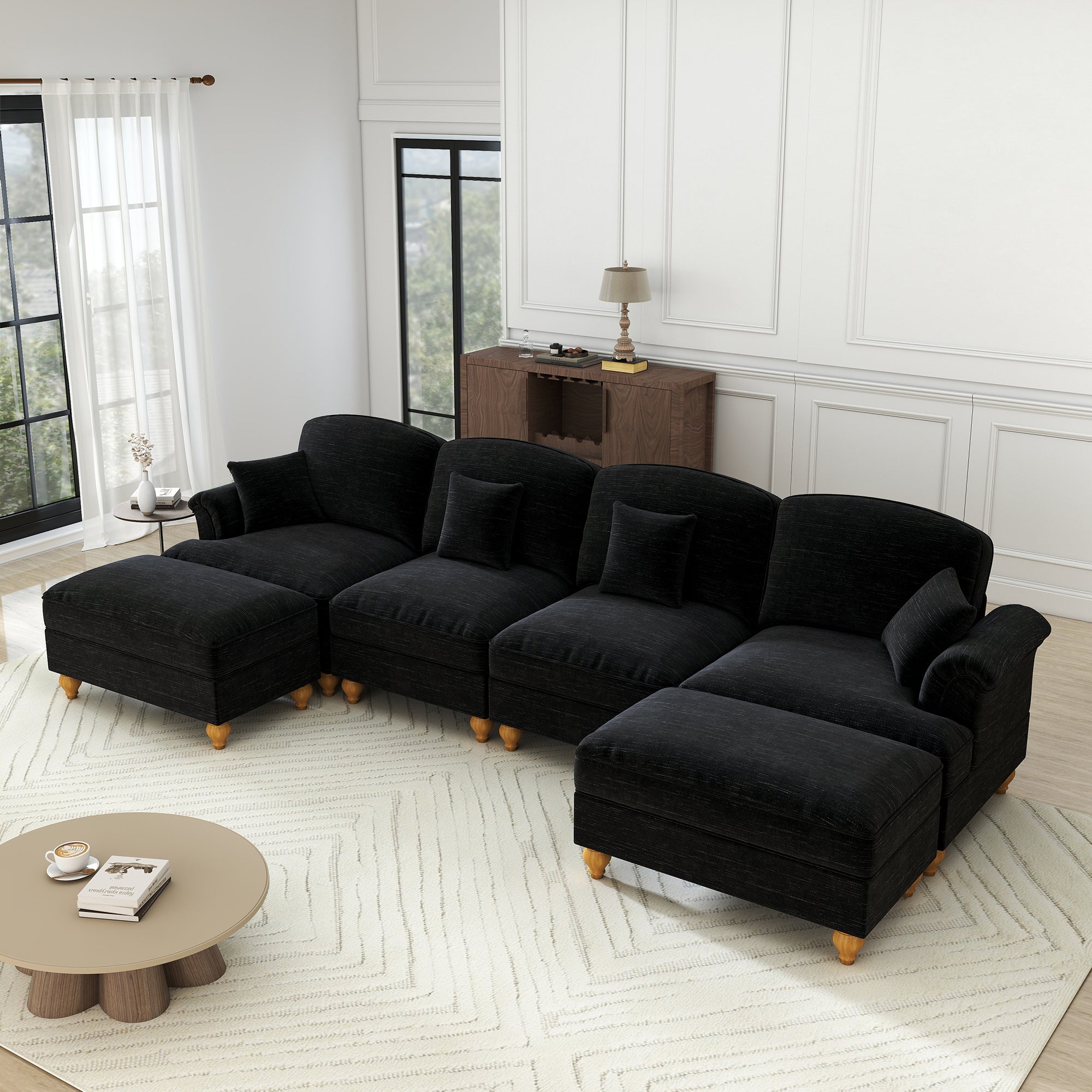 Classic U-shaped Modular Sofa 4-Seater Movable Ottoman Removable Apron - Chenille Black