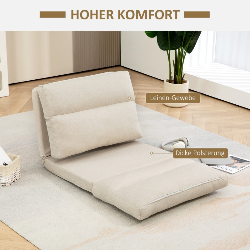 Folding Floor Chair, 6-Level Adjustable, Thick Padding, Bed Function, Beige Linen