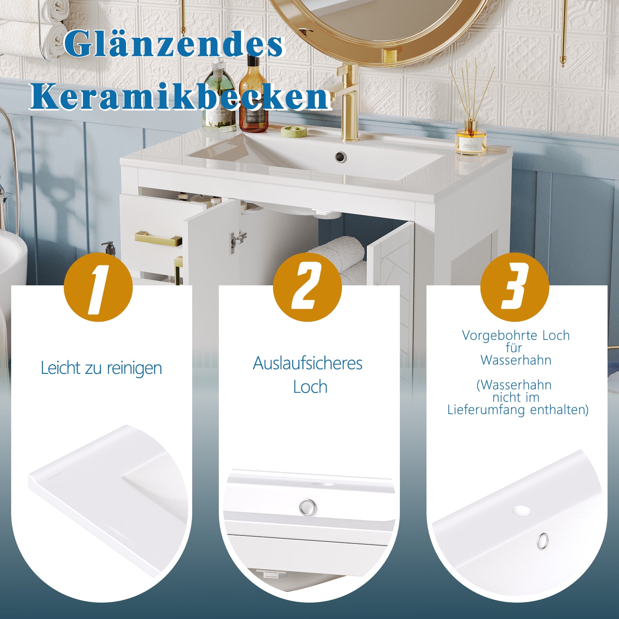 Bathroom Vanity Unit with Ceramic Sink and Side Storage Shelf, White