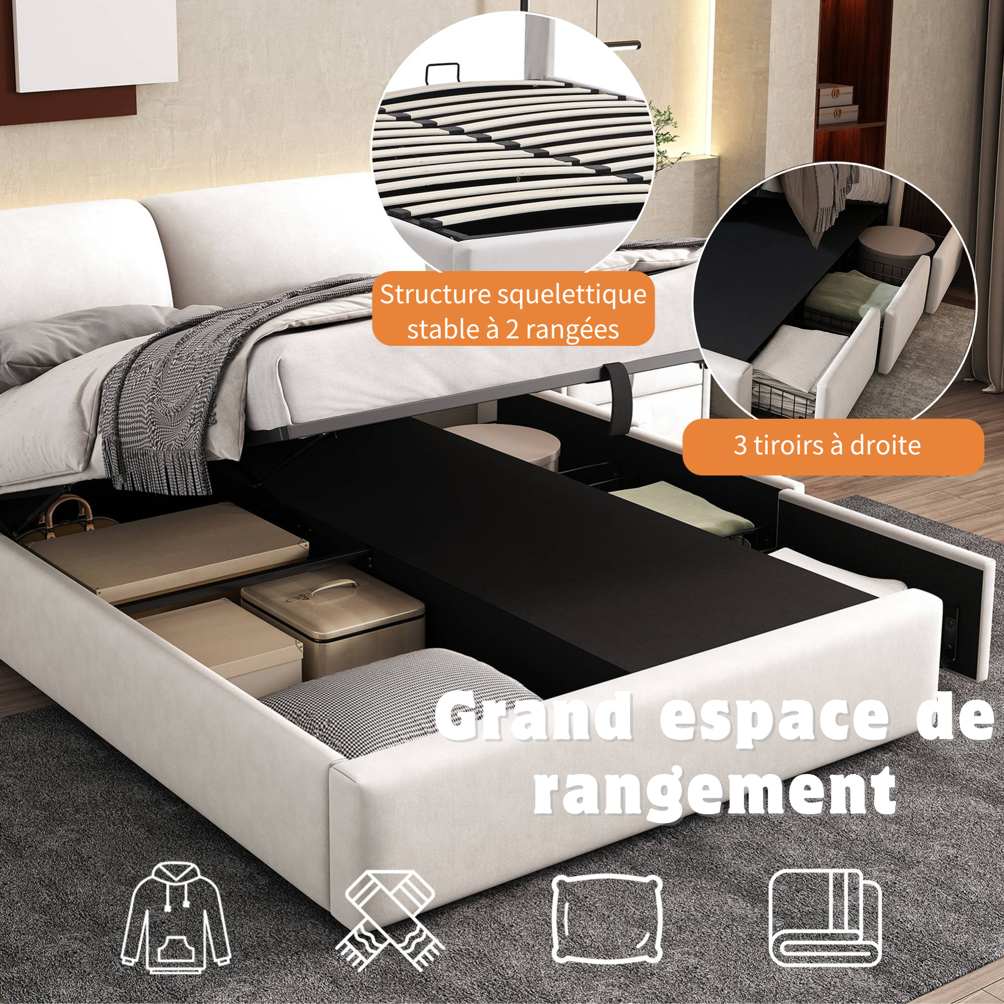 Upholstered Bed with Hydraulic Storage and 3 Drawers, 140x190cm, Beige Velvet