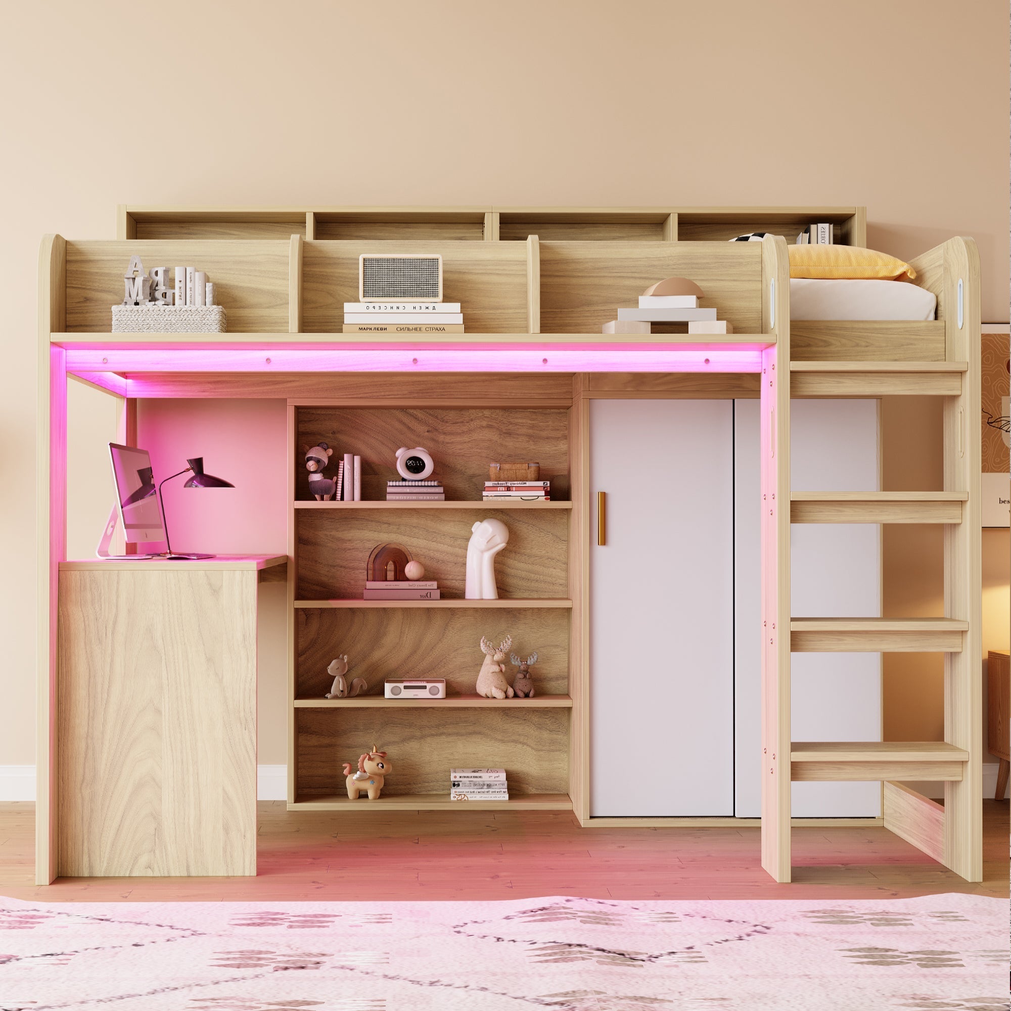 Multifunctional Loft Bed with Desk, Wardrobe, LED Lighting and Power Outlet, Wood Color