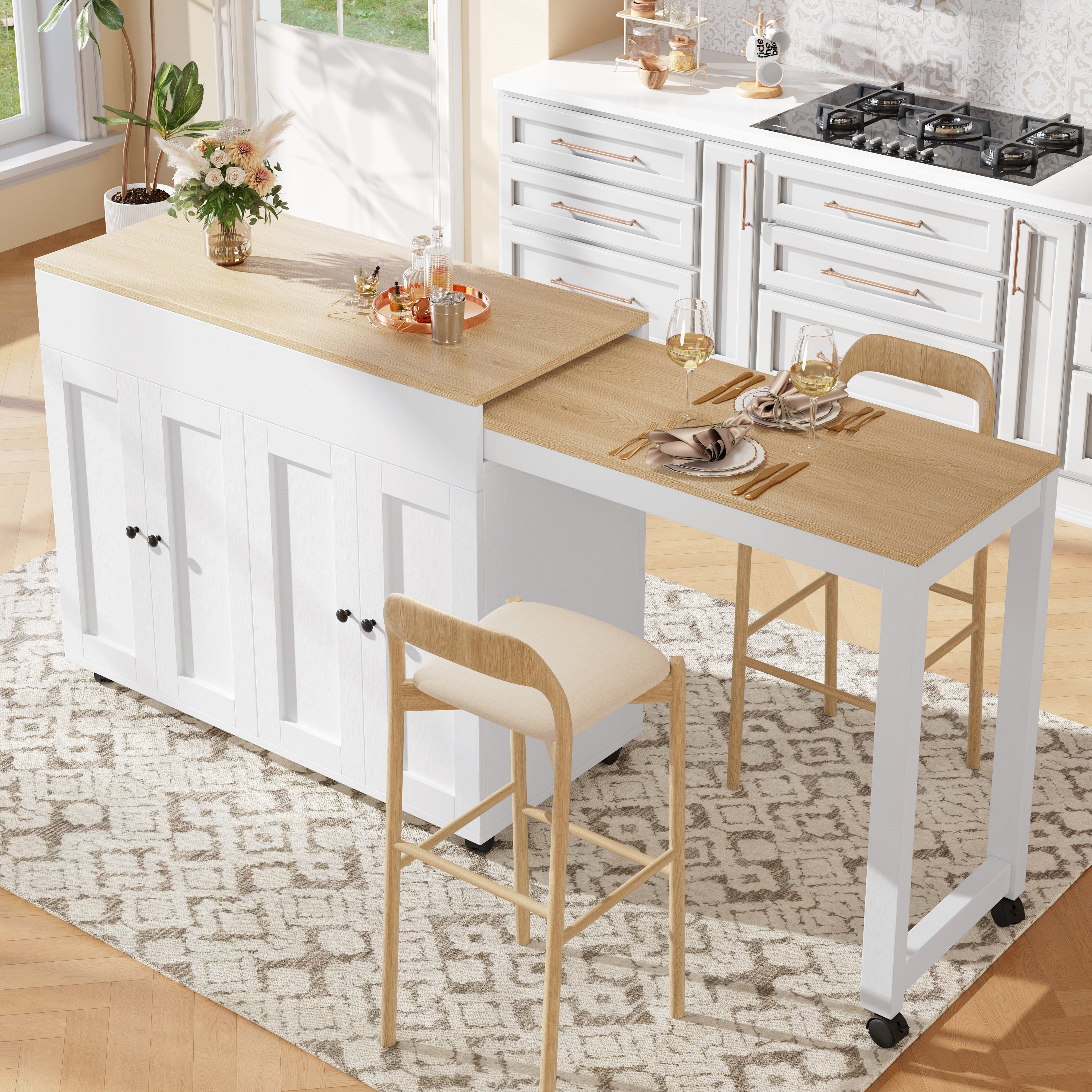 Modern Extendable Bar Table, Dining Table with Storage and Six Shelves, White