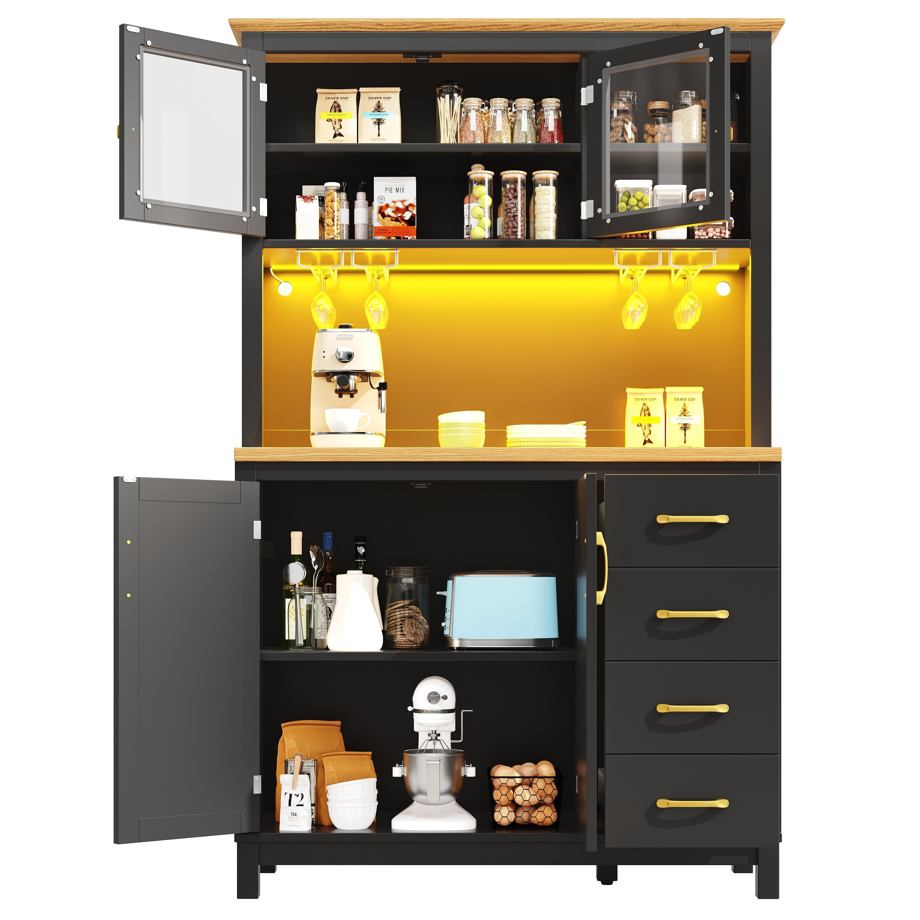 Sideboard Kitchen Buffet Cabinet with LED Lights and Drink Holders, Green, Black and White