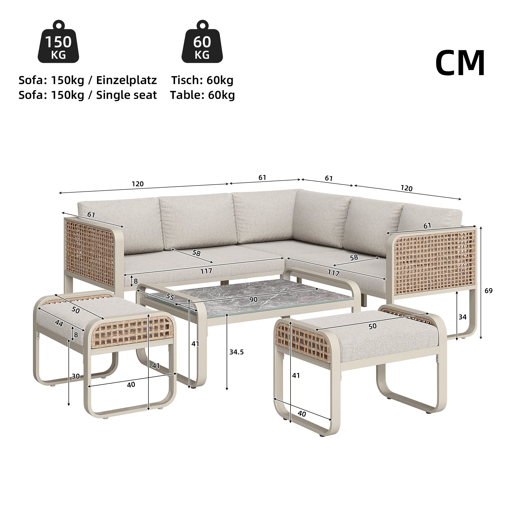Garden Lounge Set Rattan Corner Sofa 6-7 Seater Adjustable Legs - Beige