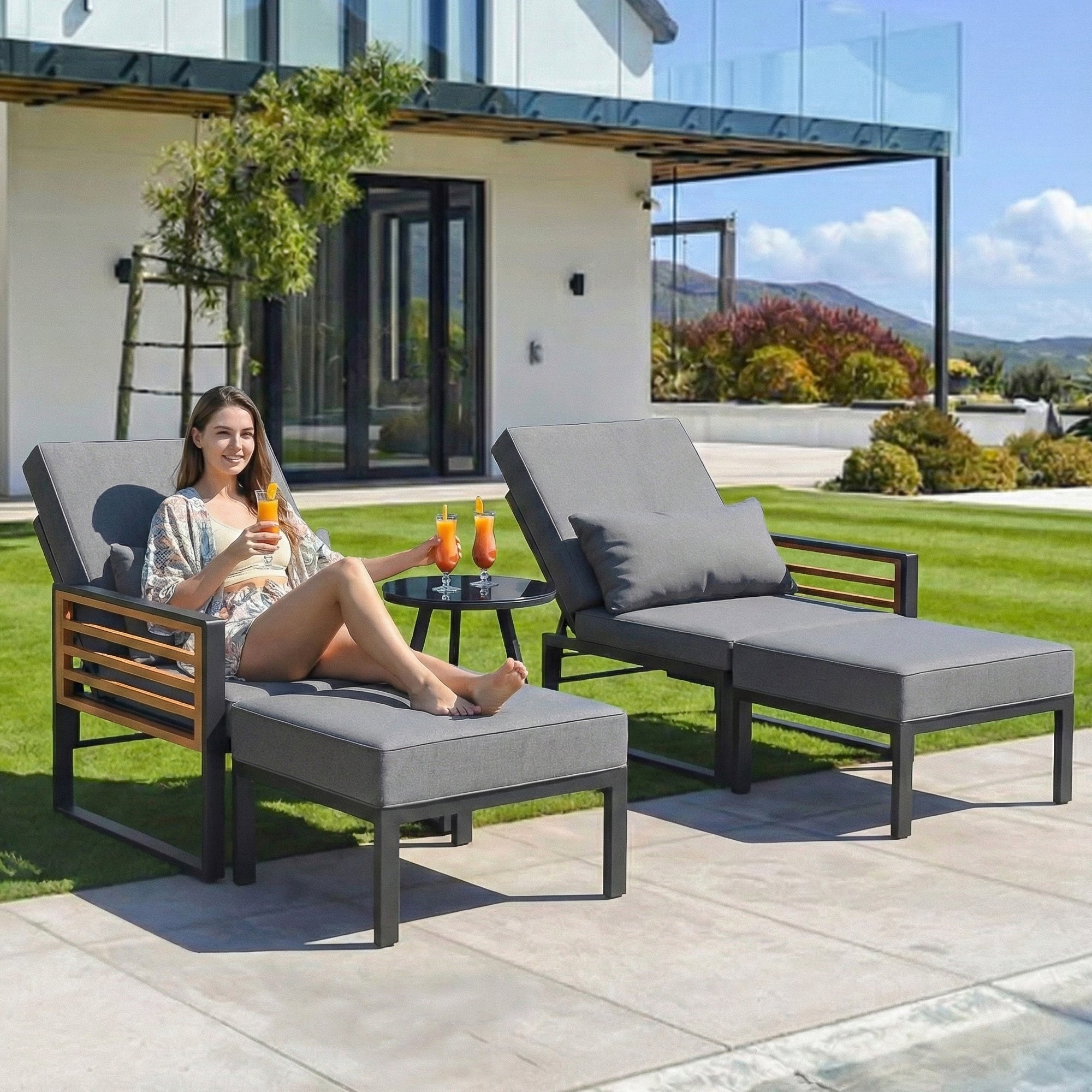 Garden Lounge Set for 2-4 People, Adjustable Outdoor Daybed and Sofa with Cushions, Grey Wood Look