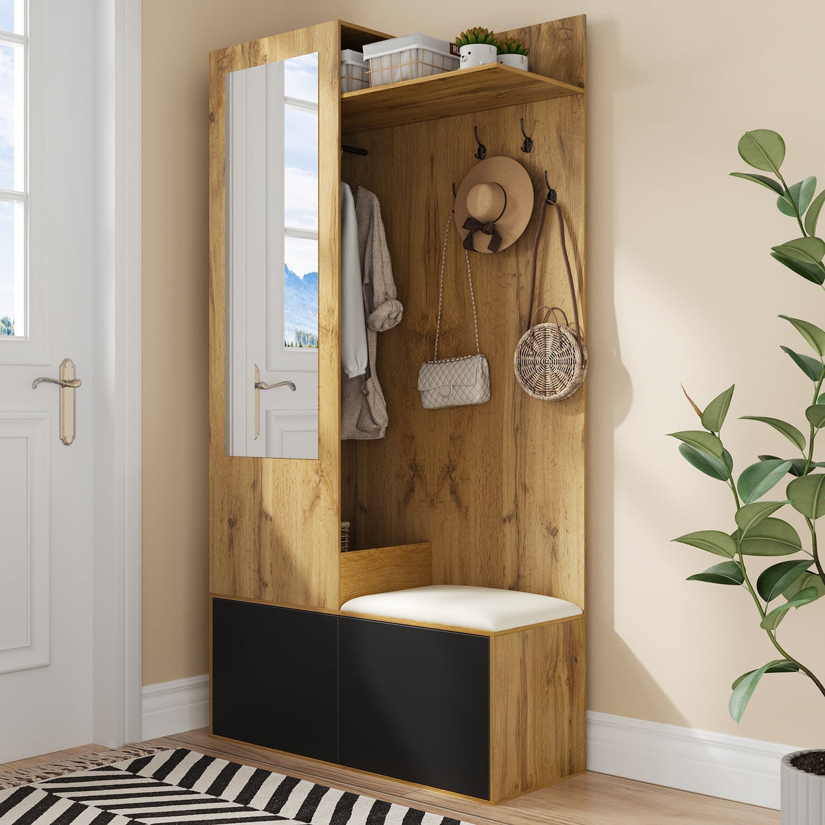 Wardrobe Set with 5 Hooks, Mirror, Shoe Cabinet, Hidden Hanging Area, Hall Bench