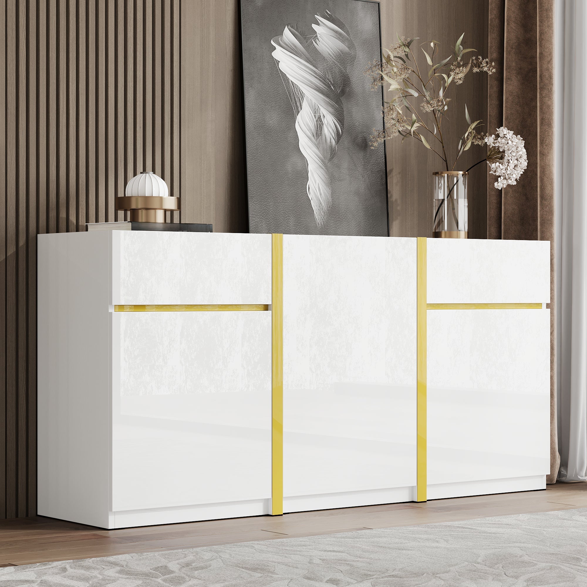 Luxurious Sideboard with 3 Doors and 2 Drawers, High-Gloss Lacquer Finish, White Wood