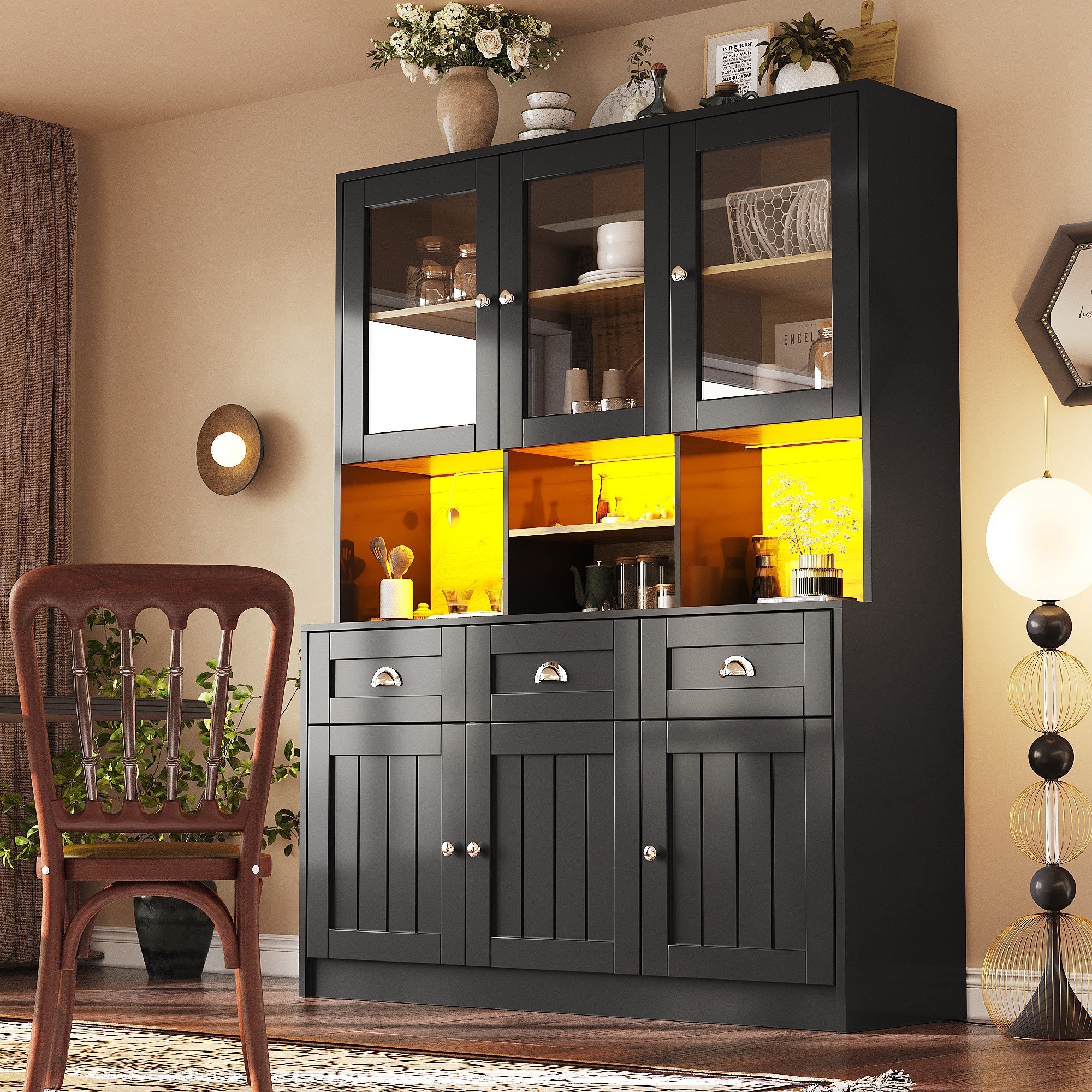Tall Kitchen Cabinet 140x40x175cm Display Buffet Adjustable Shelves LED - White/Black