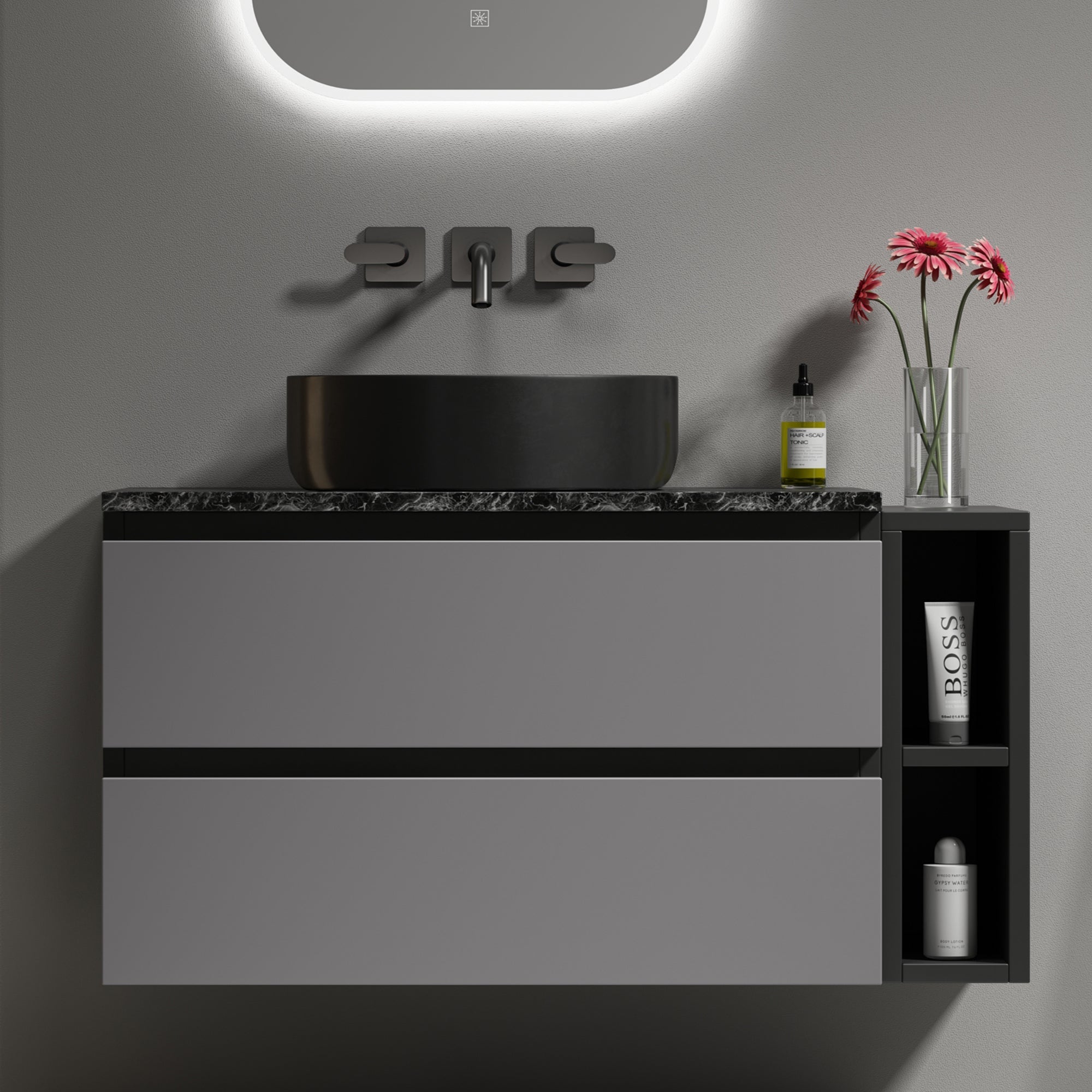 Wall-Mounted Vanity Unit 80cm Wide Ceramic Sink Drawers, Black/Grey