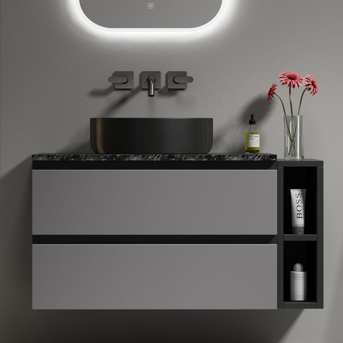 Wall-Mounted Vanity Unit 80cm Wide Ceramic Sink Drawers, Black/Grey