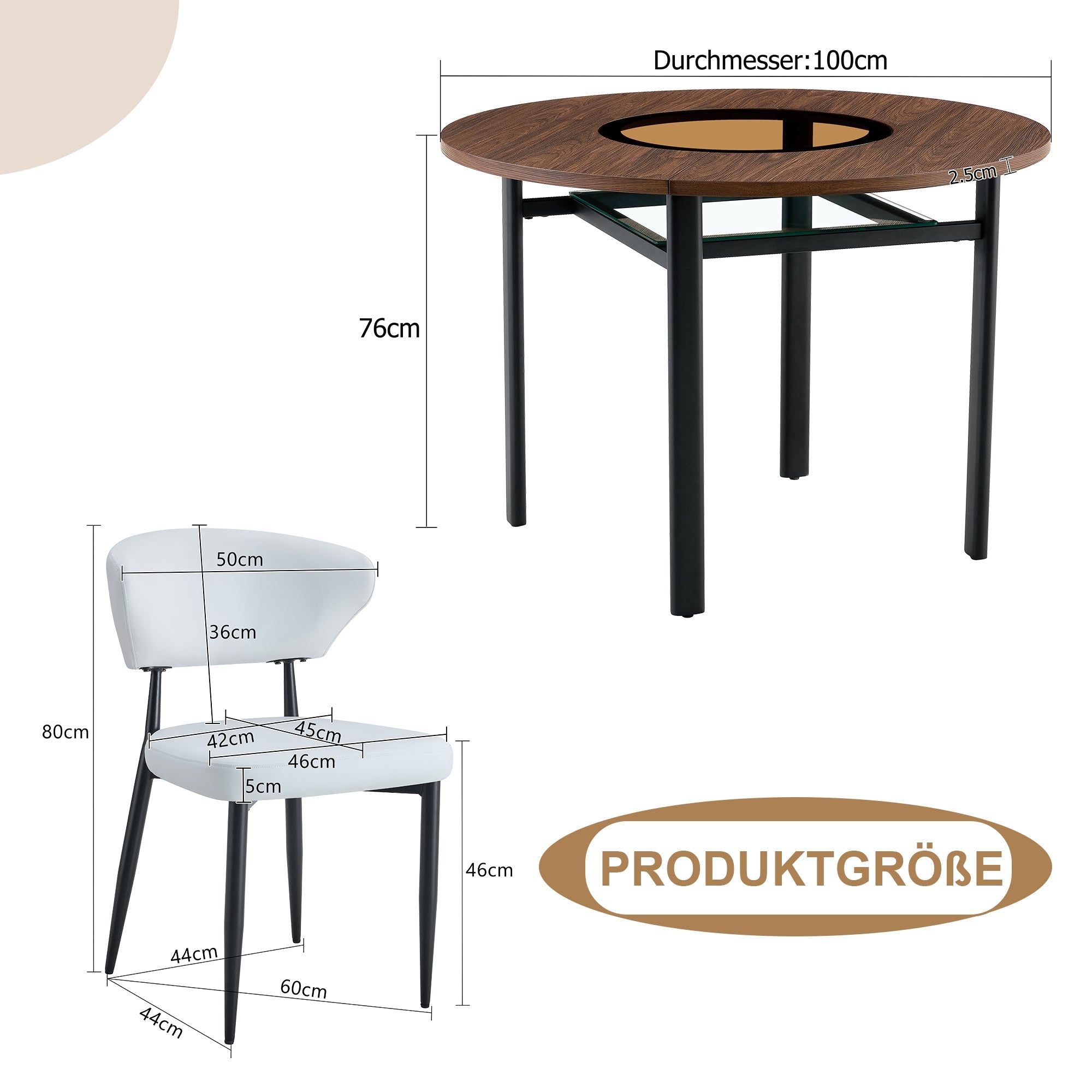 Round Table Set Modern Minimalist 100cm with 2 Armchairs - White PU/Wood Look