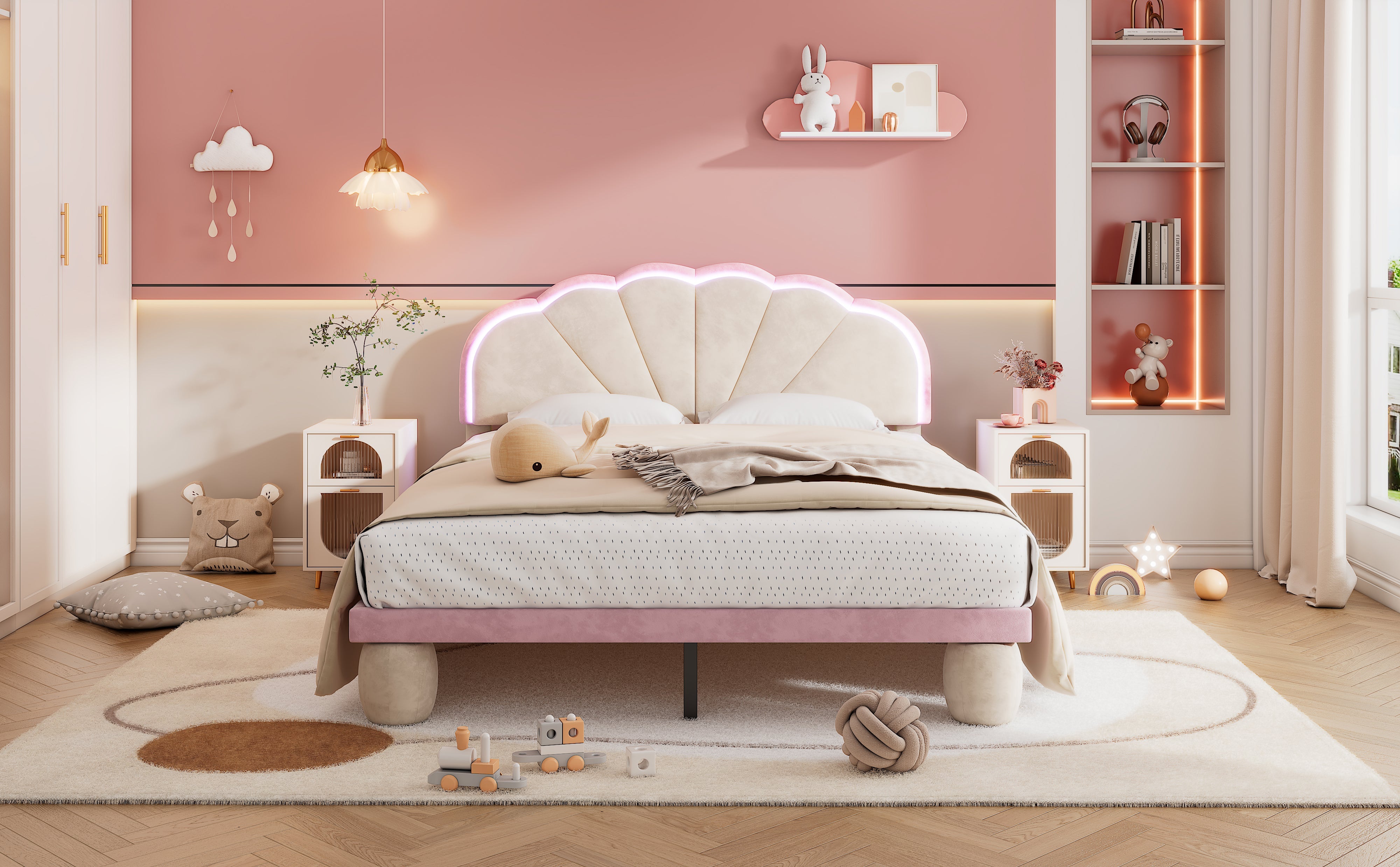 Upholstered Bed with Light Stripes, Scalloped Headboard & Round Legs, Velvet Beige+Pink