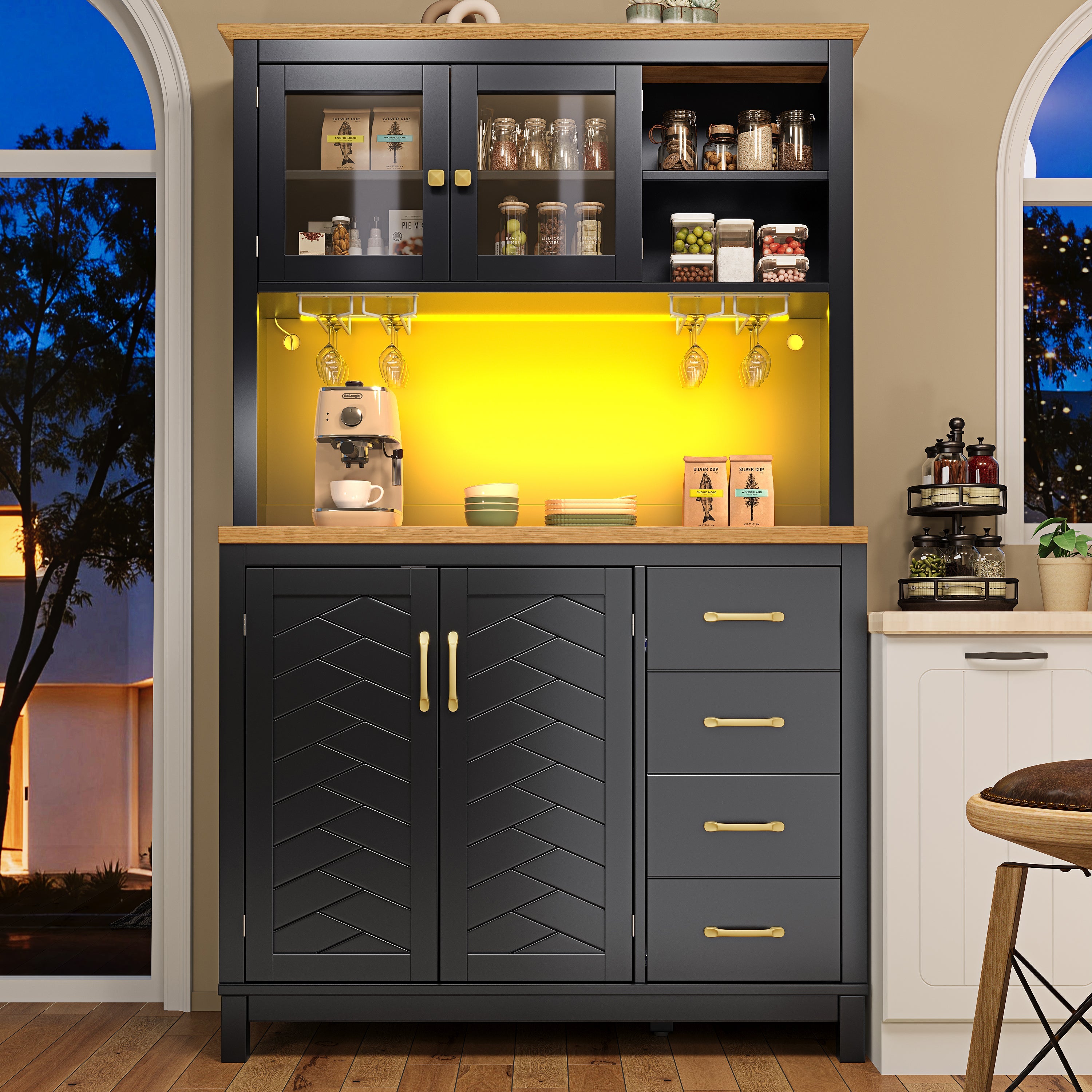 Sideboard Kitchen Buffet Cabinet with LED Lights and Drink Holders, Green, Black and White