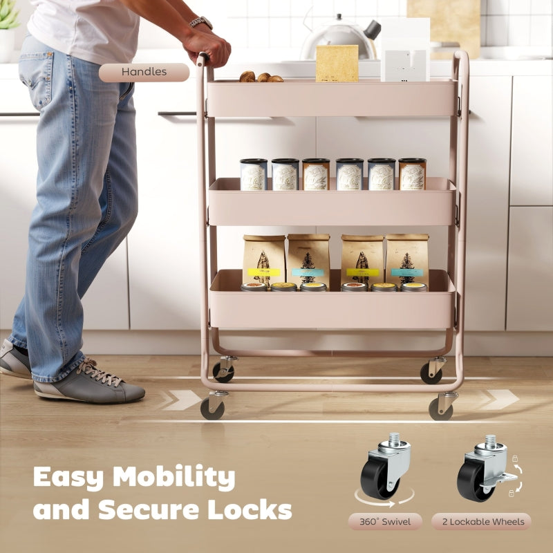 3-Tier Storage Trolley on Wheels Utility Cart Mesh Baskets Light Pink