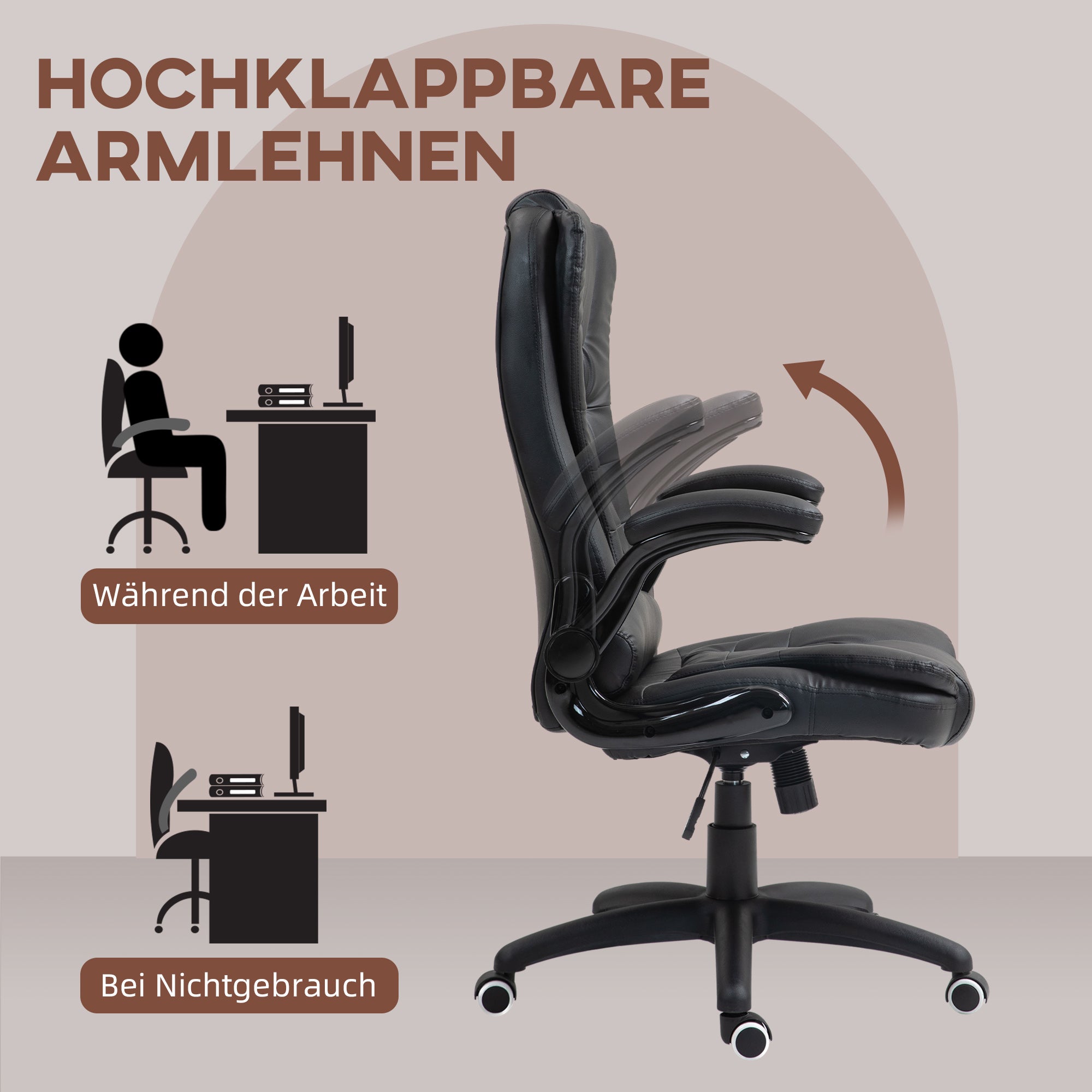 Office Chair, Ergonomic Executive Rocking Swivel with Fold-Up Armrests, Faux Leather Black