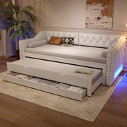 Upholstered Daybed 90x200 LED Pull-Out Bed 3 Drawers - Beige