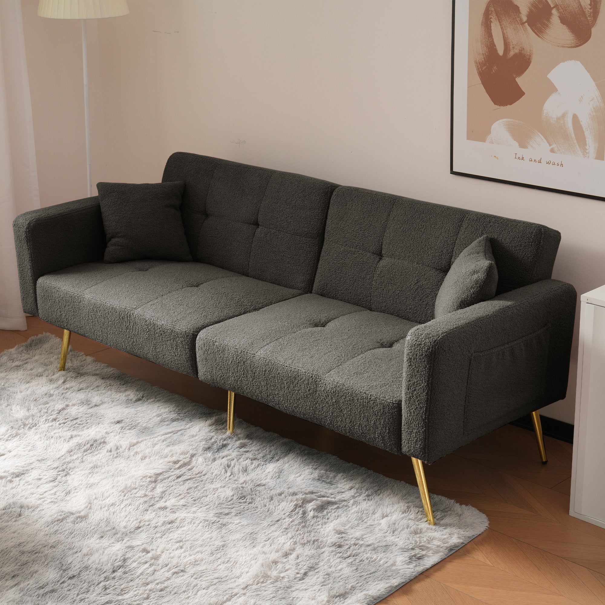 Sofa Bed with 3 Adjustable Backrests, Bed Function, Side Pockets, Sherpa Fabric