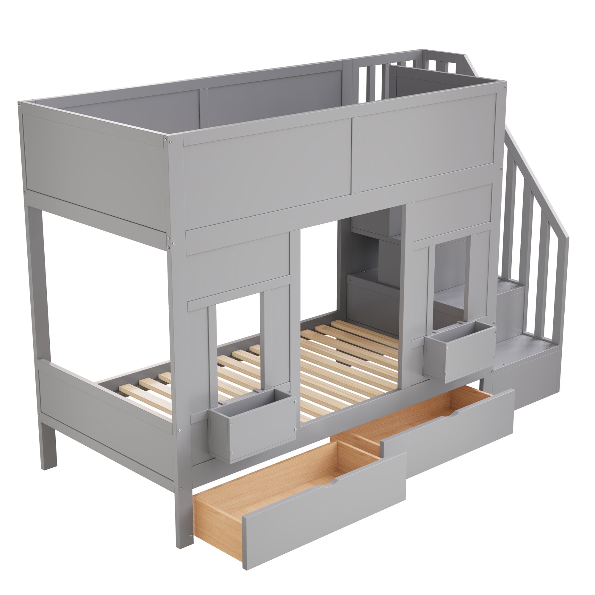 Bunk Bed with Storage Stairs, Drawers, Windows and Safety Railing, 90x200cm, Wood