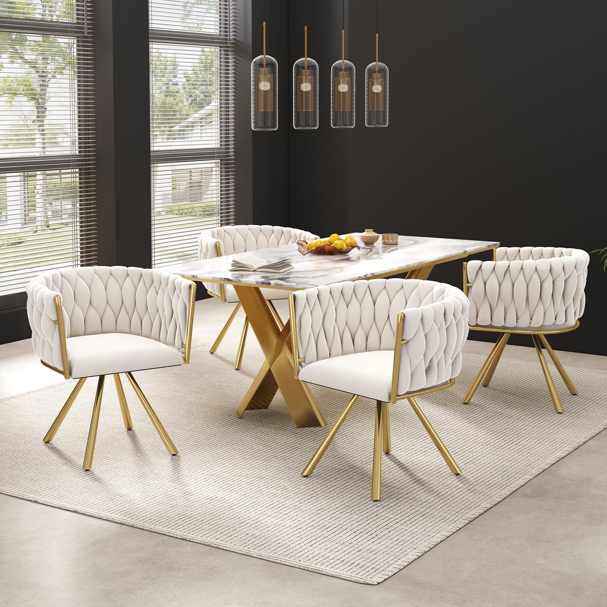 Velvet Swivel Chair Set of 6 Metal Legs - Beige and Gold