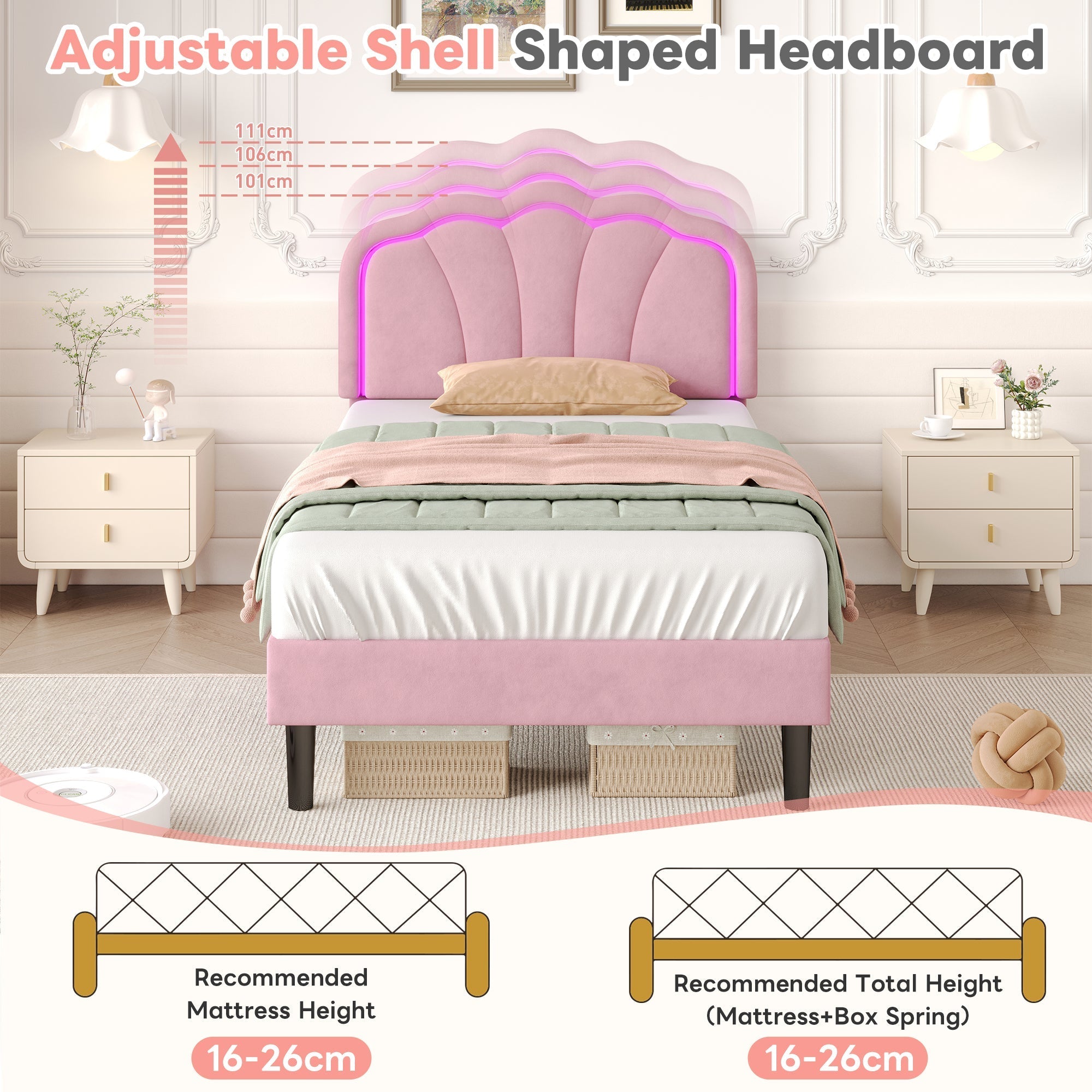 3ft Single Upholstered Bed with LED Adjustable Shell Shape Headboard, Soft Velvet, Pink