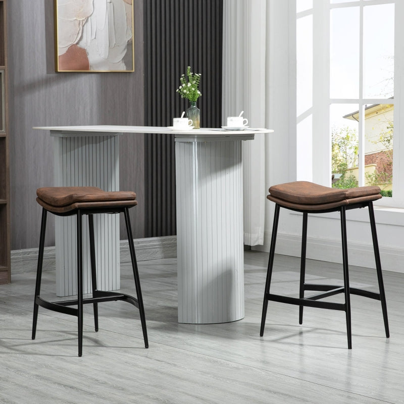 Breakfast Bar Stools Set of 2, Industrial Curved Seat Steel Frame, Brown Microfibre