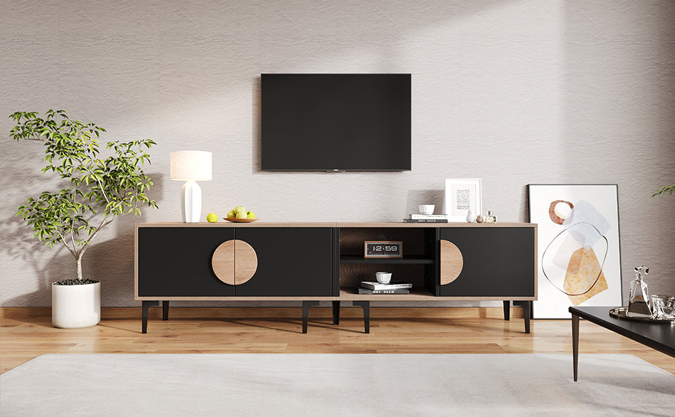 TV Cabinet Lowboard 180cm 2 Cabinets Open Shelves for 80 Inch TV - Wood/Black