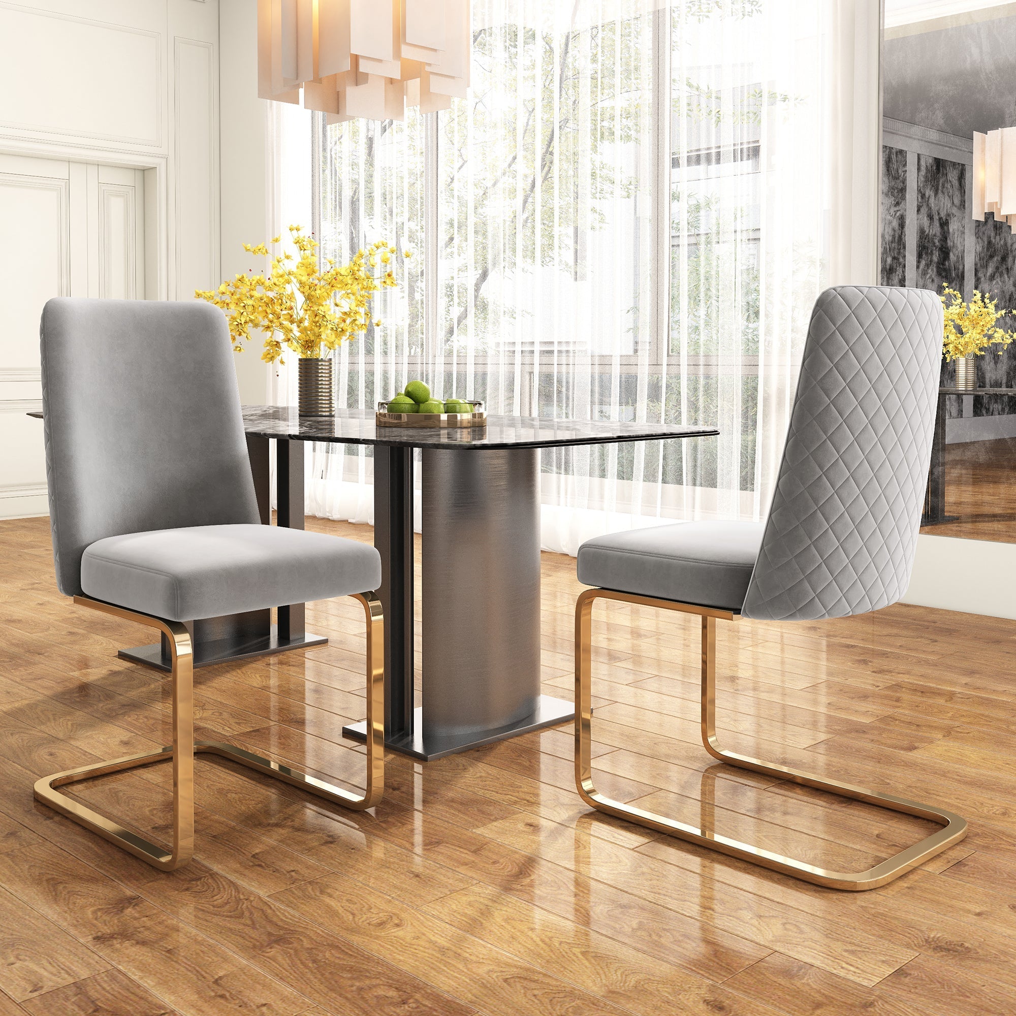 Velvet Dining Chair Set of 4, Diamond Back Design with Gold Metal Legs, Grey
