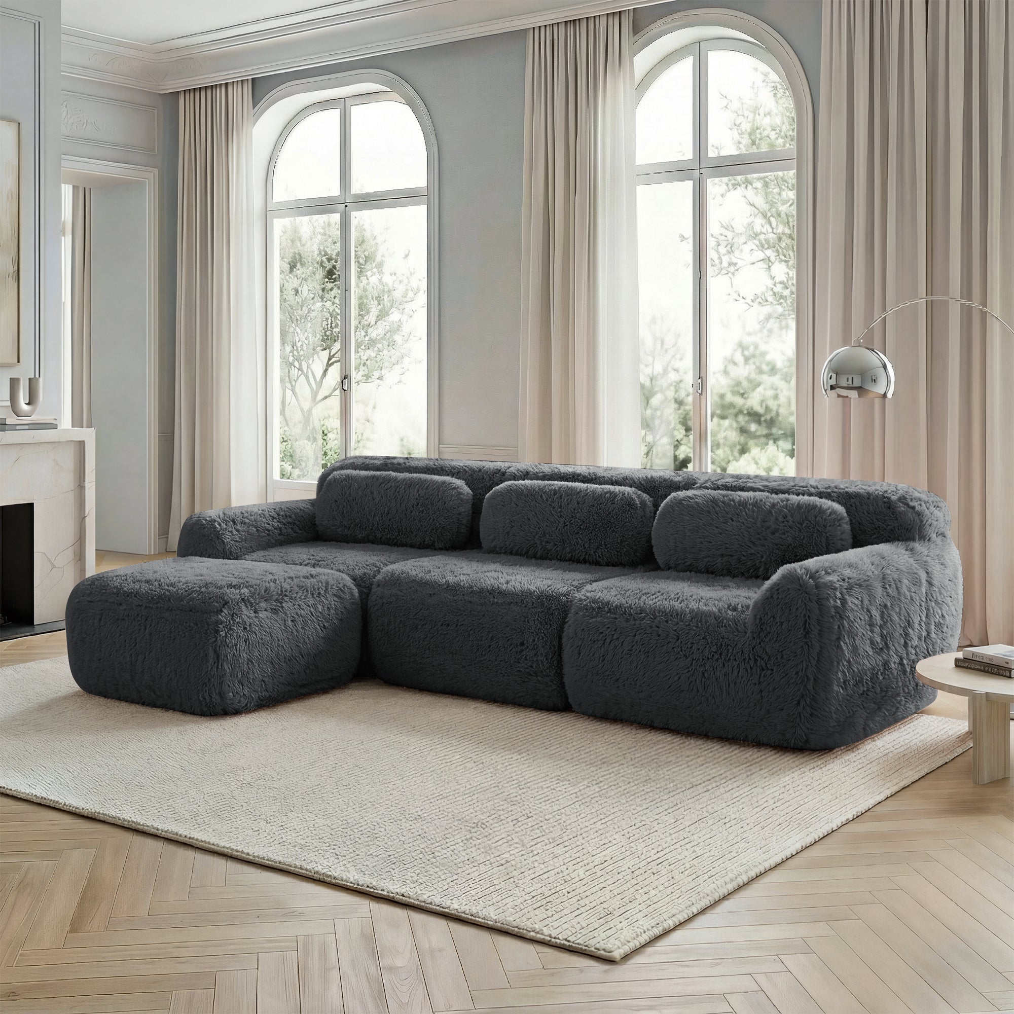 L-shaped Modular Sofa Frameless Deep No Assembly - Plush Fabric Grey