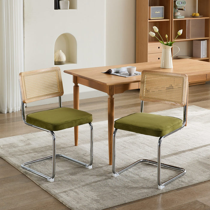 Dining Chairs Set of 2 Mid Century Modern Velvet Cane Back Chrome Base - Olive Green