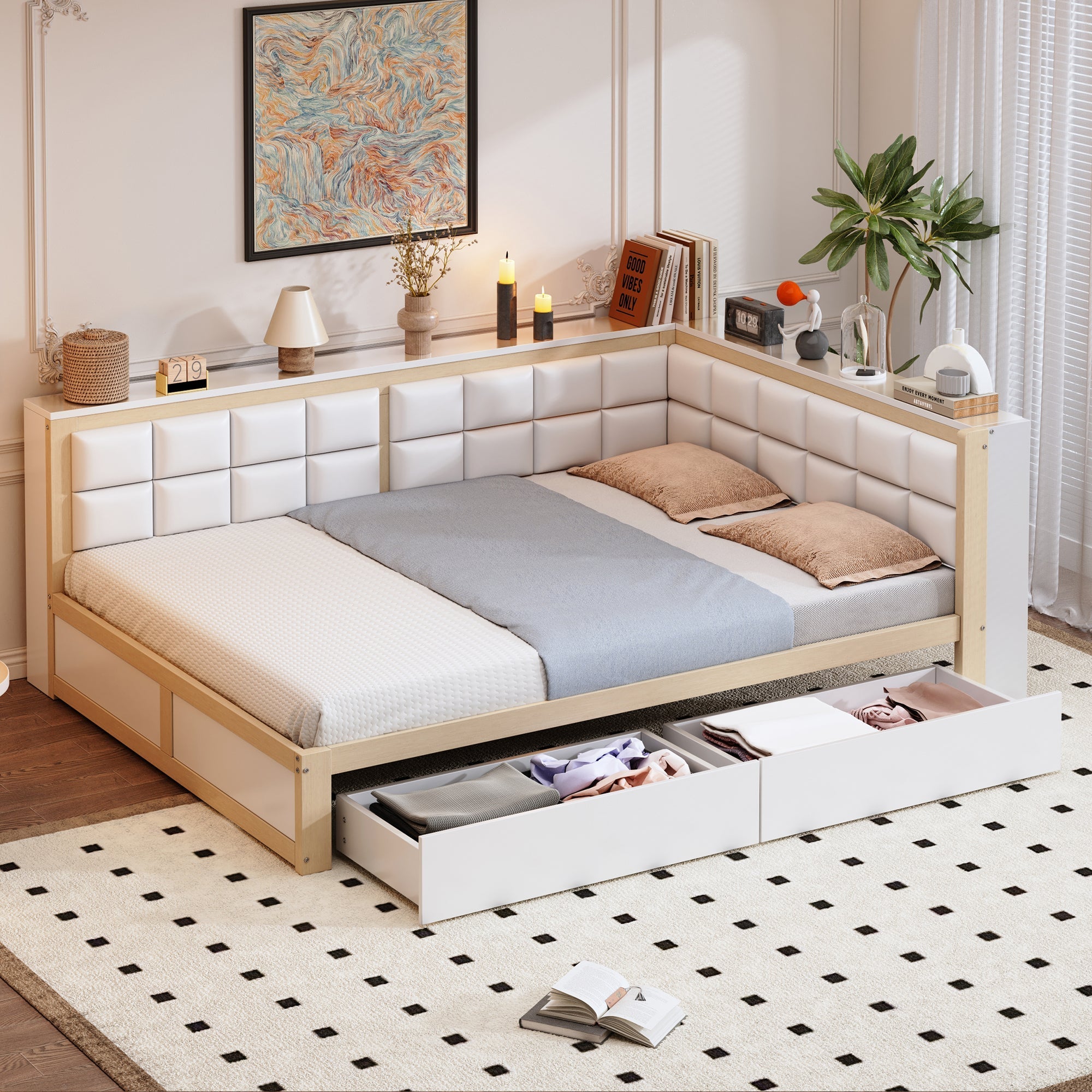 Sofa Wooden Bed, 140x200 Multifunctional with Storage Drawer, Pine Wood