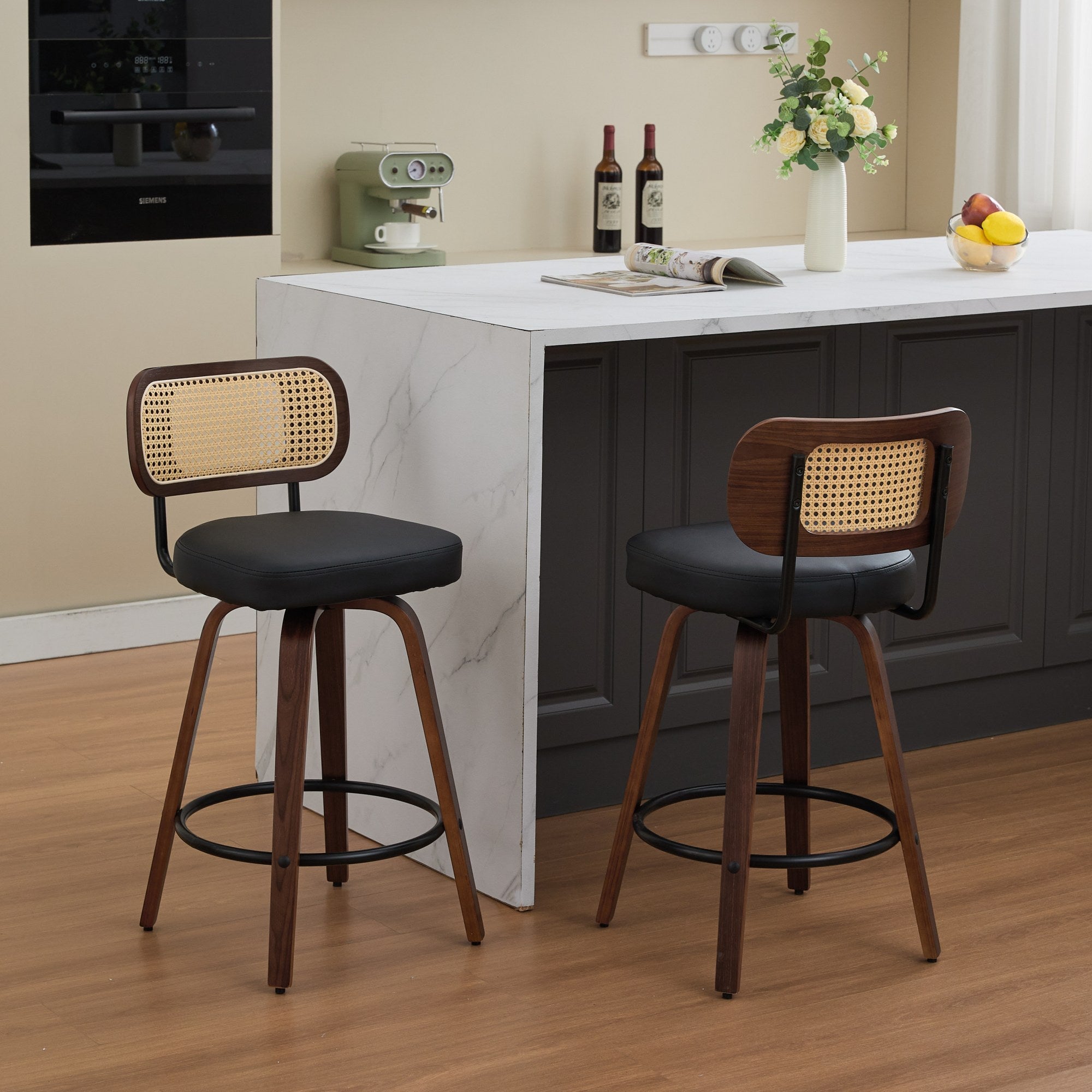 Set of 2 Counter Height Bar Stools with Swivel and Rattan Cane Back, Walnut Black