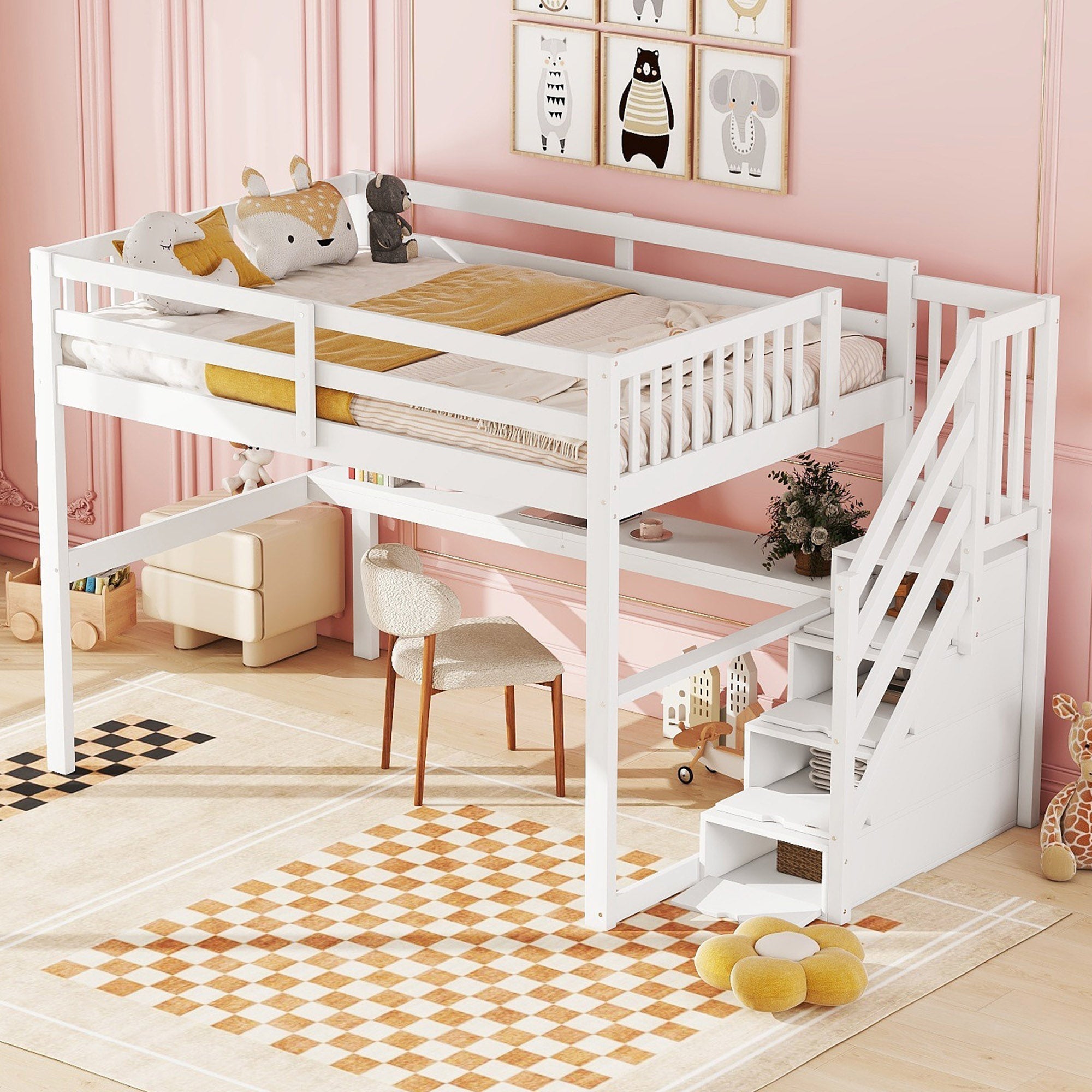 Loft Bed 140x200 Children's Storage Drawers Desk - White