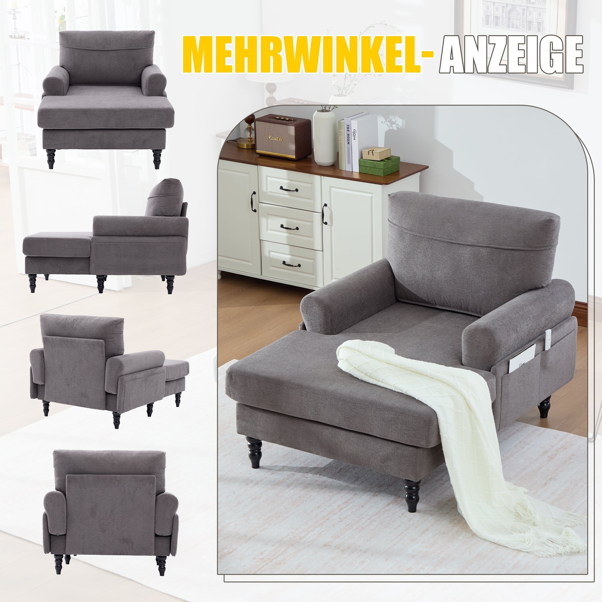 Modern Minimalist Lounger Single Sofa with Wooden Legs and Side Pockets, Chenille Fabric