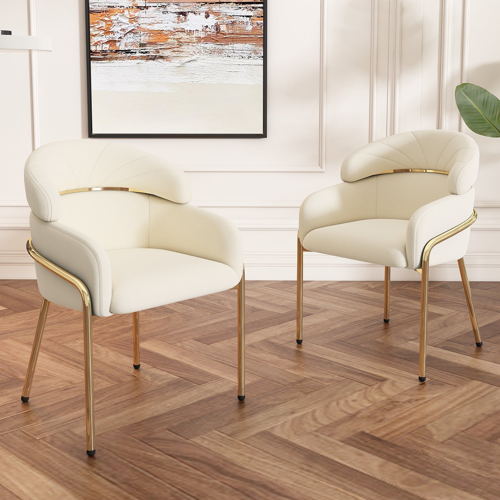 Set of 2 Dining Chairs with Metal Legs and Lightweight Luxury Design, Beige Velvet