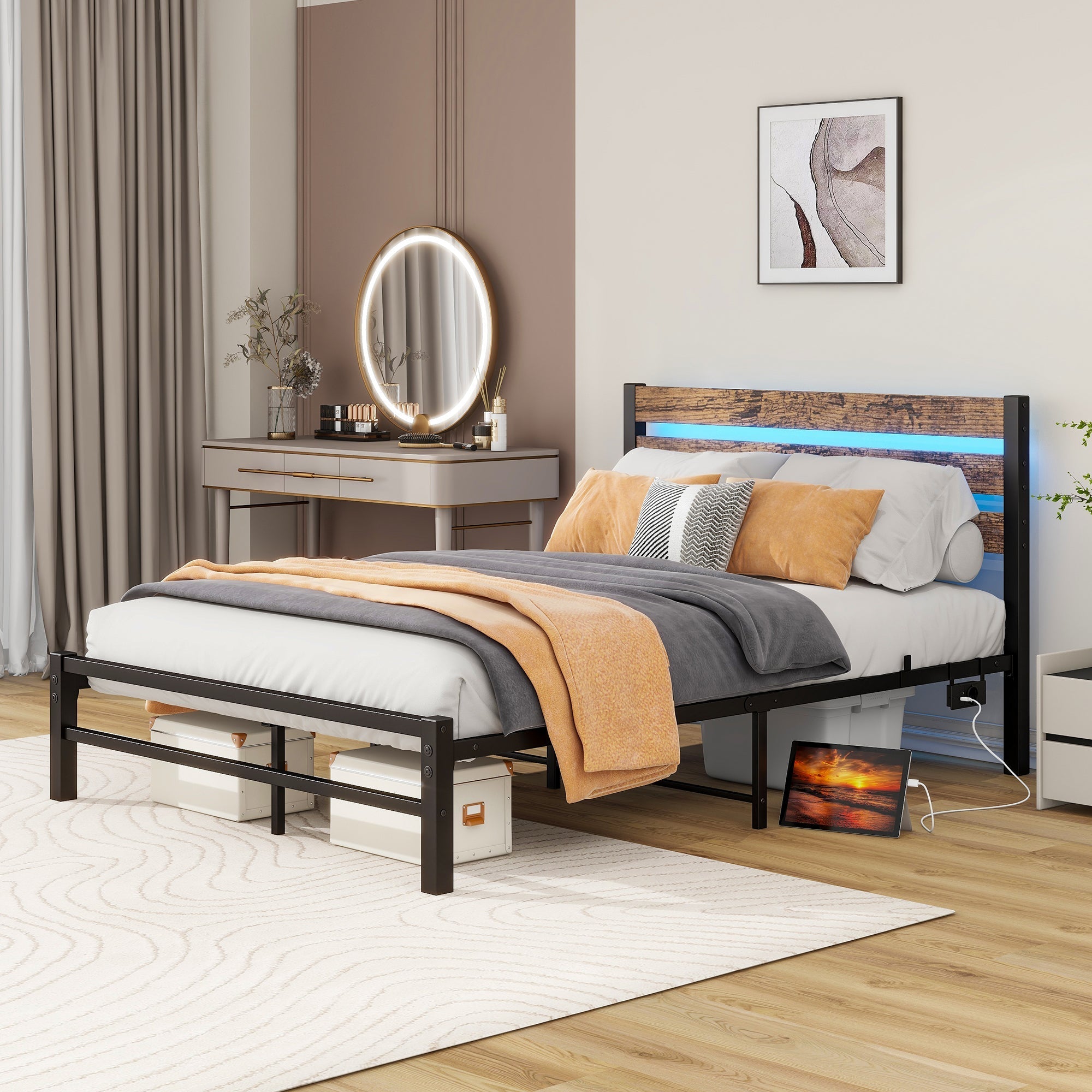 Bed Frame with Headboard, 120x200cm, USB Charging Station & LED, Metal