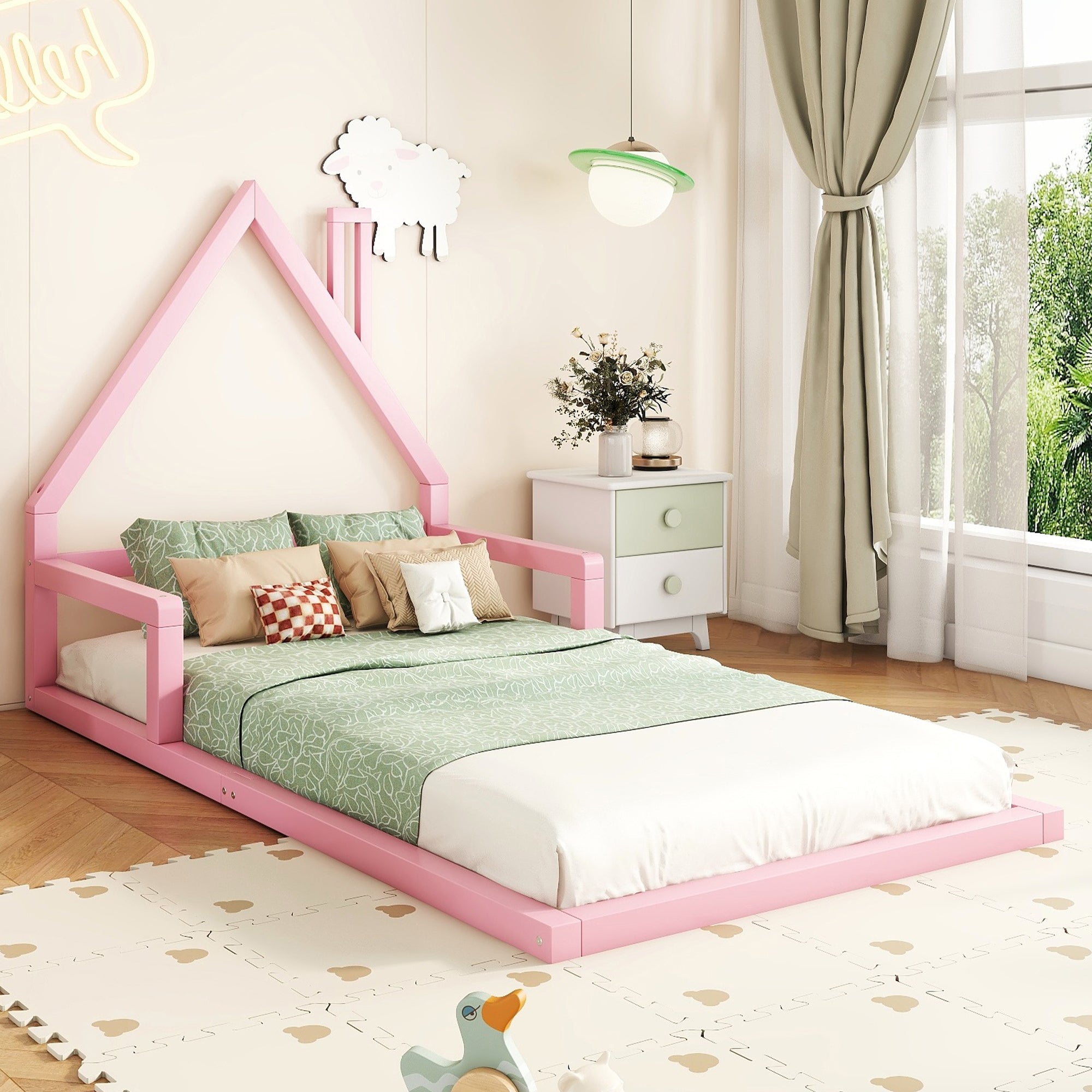 Children's bed, 90x200cm, flat bed, house shape, solid pine, pink