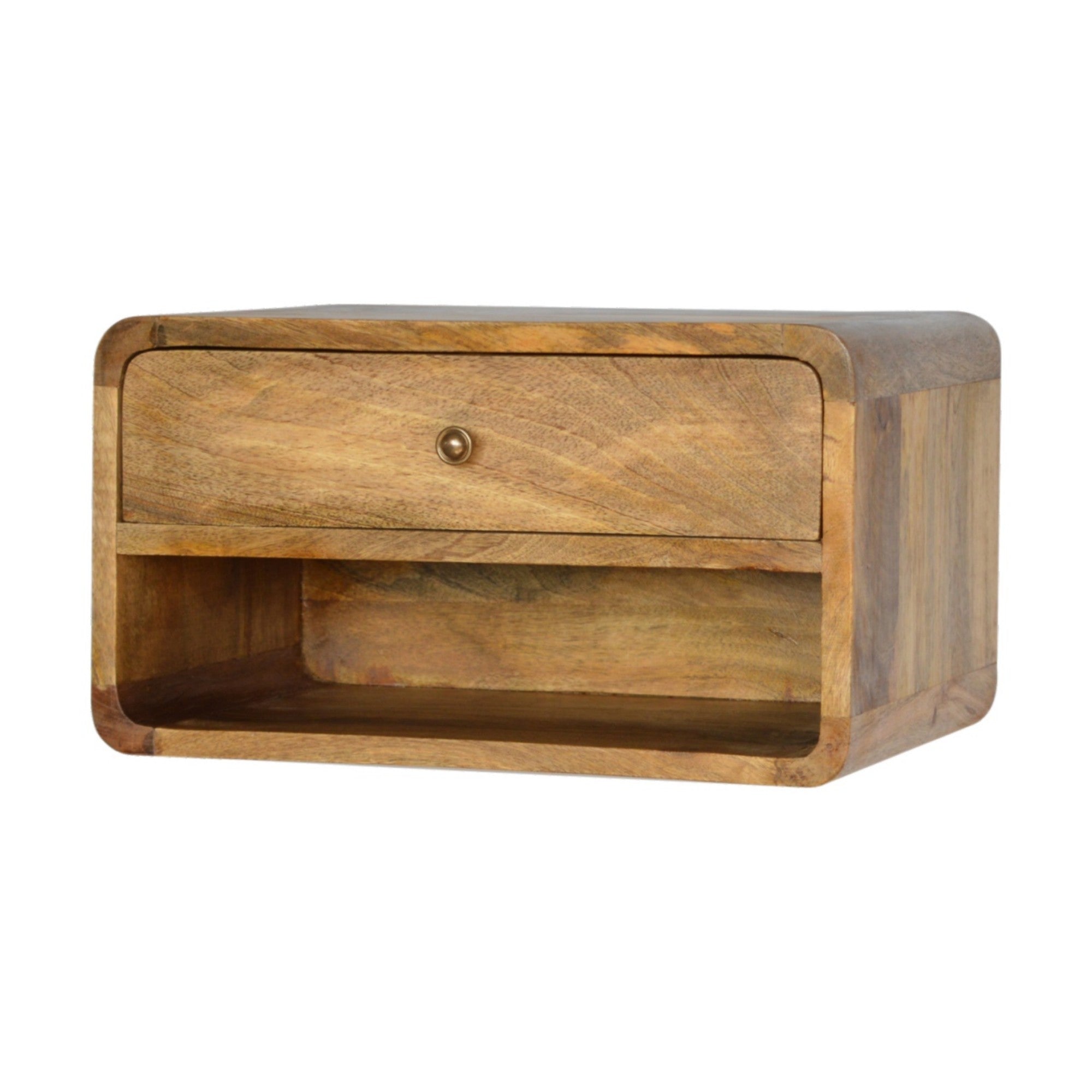 Solid Wood Bedside, Floating Curve 1 Drawer Open Shelf, Beige