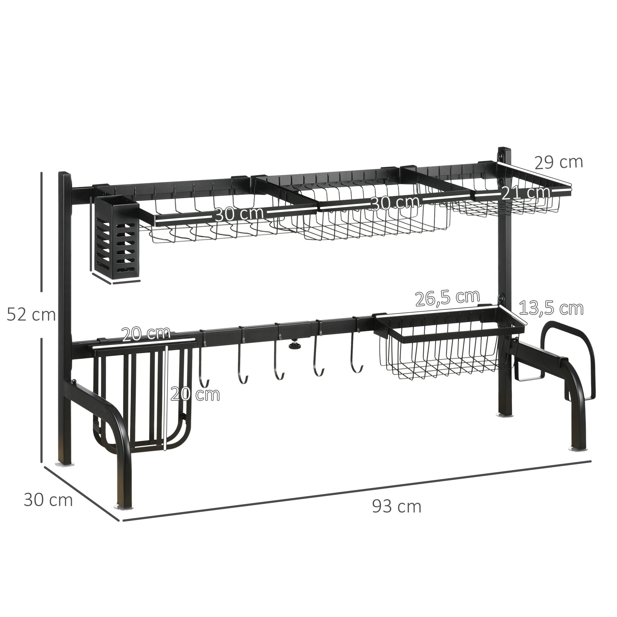Dish Drainer 2-Tier with Hooks, Drip Tray, Steel, Black