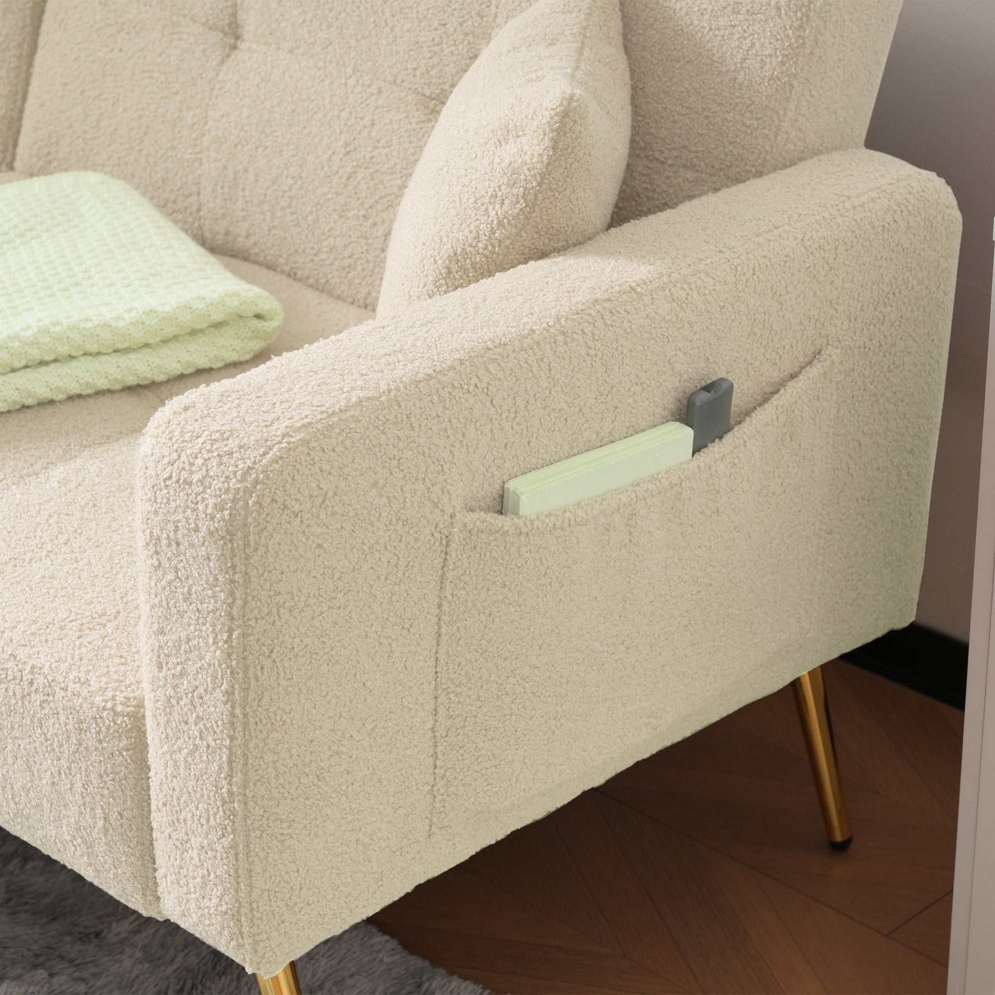 Sofa Bed with Adjustable Backrest, Bed Function, and Storage Pockets, Gold Legs